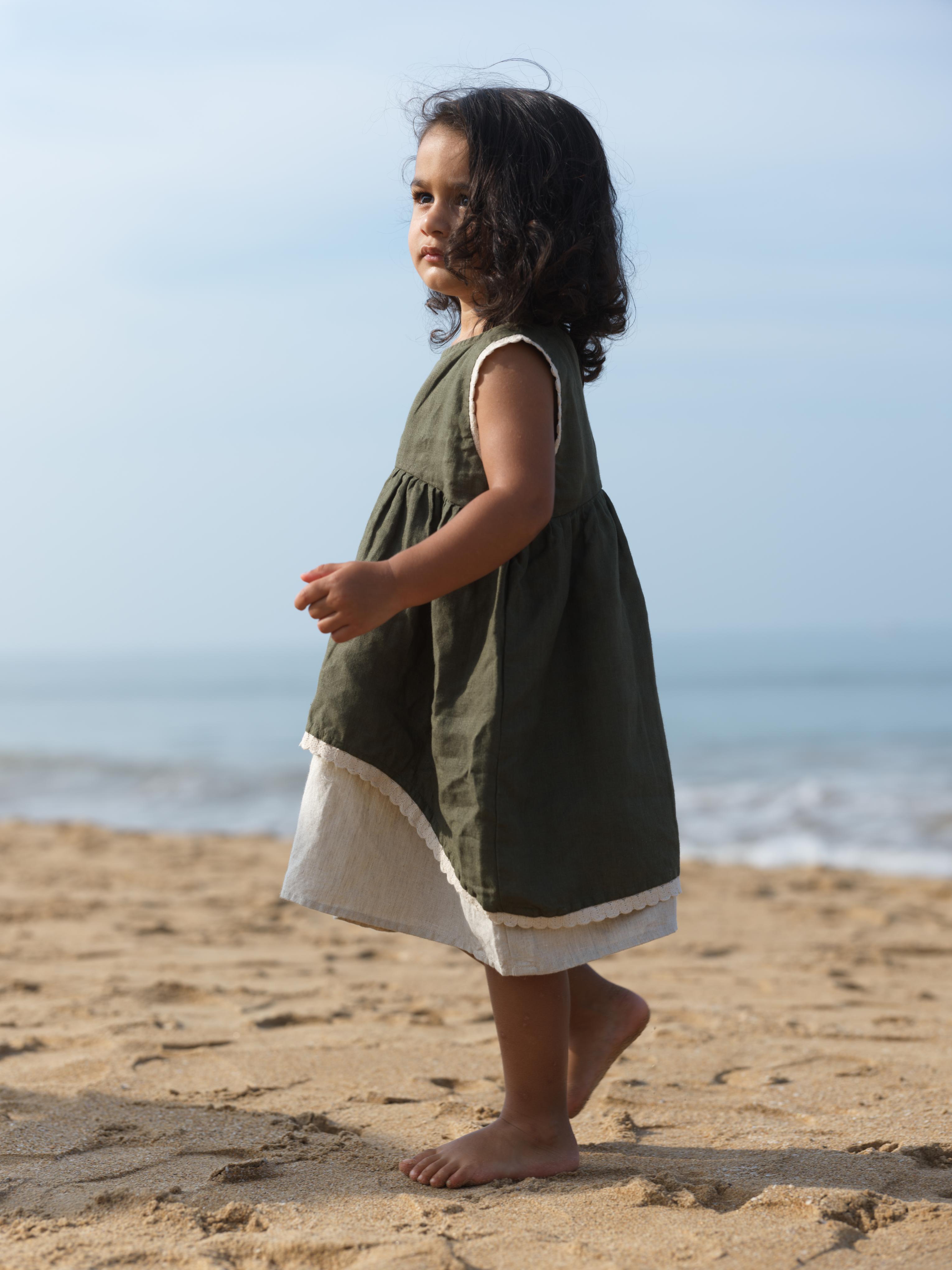 Girls Two Layer Sleeveless Dress Crocodile Green / Cookie & Cream