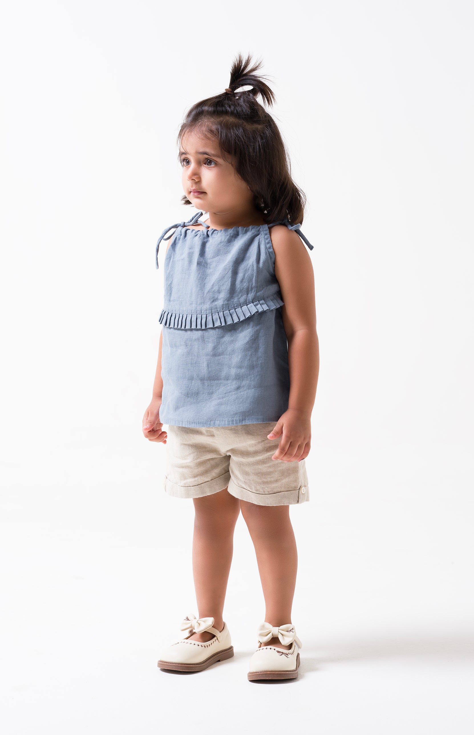 Linen tie strap pleated co-ords set T - Airforce Blue - B - Natural