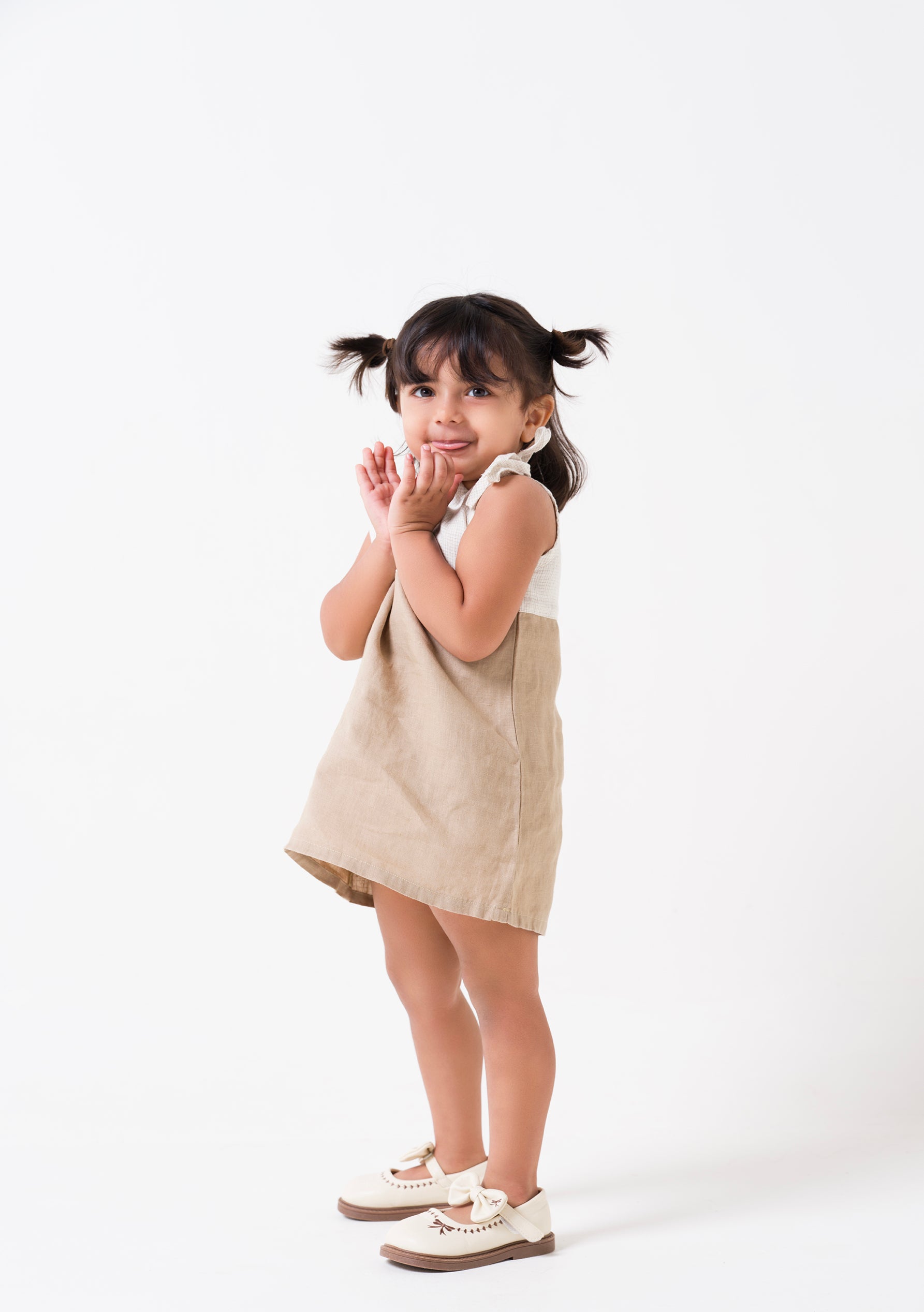 2 Colours Tie-up Yoke - Ivory Checks - Frock - Desert Sand