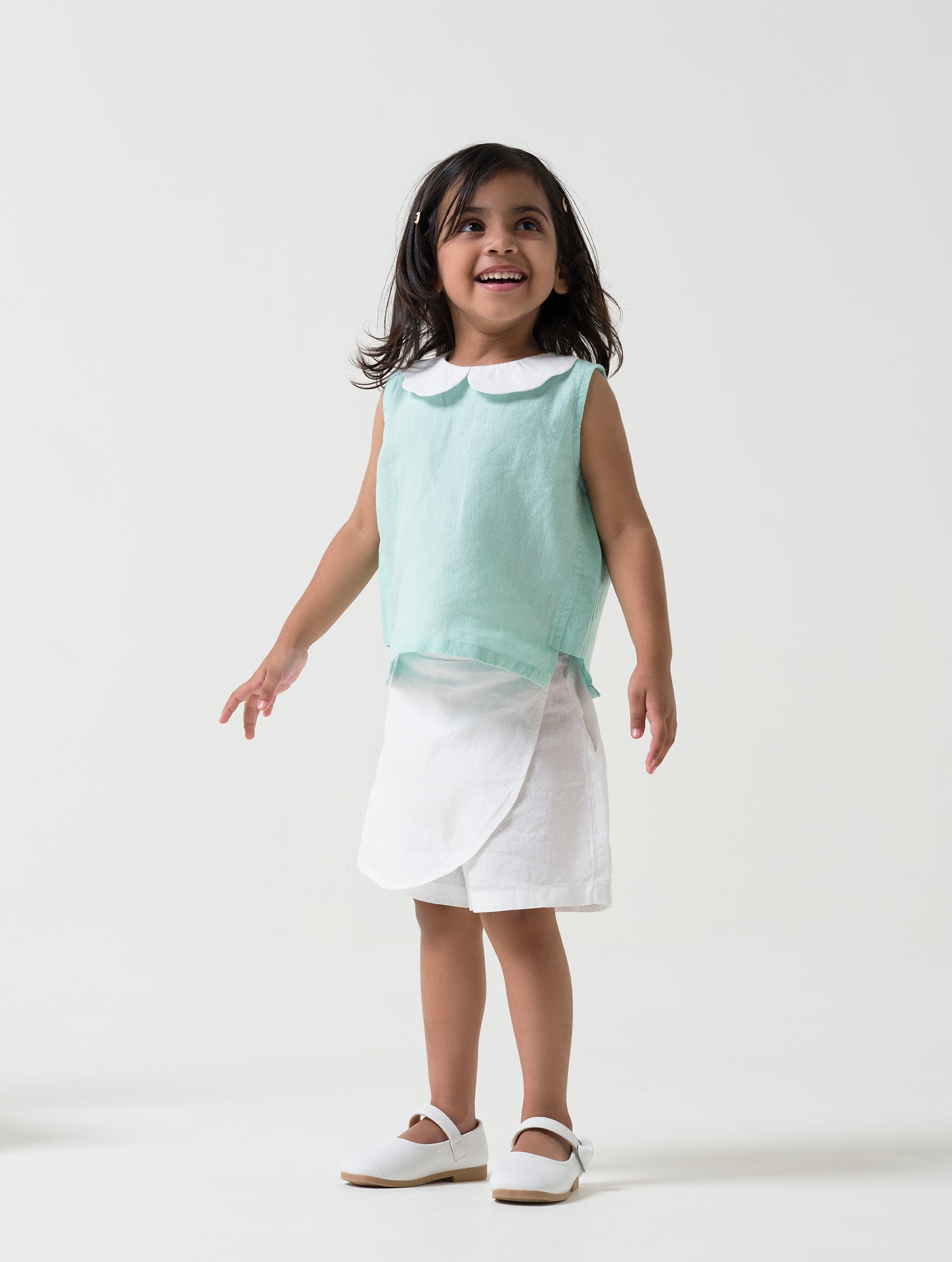 Peter-Pan Collar Top- Celestial Green Bottom & Collar- White