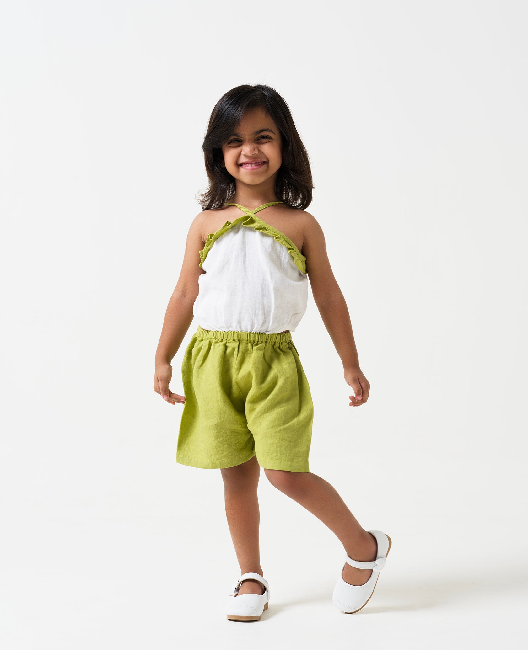 Halter Neck Cut-out Play Suit  White and Kiwi green.