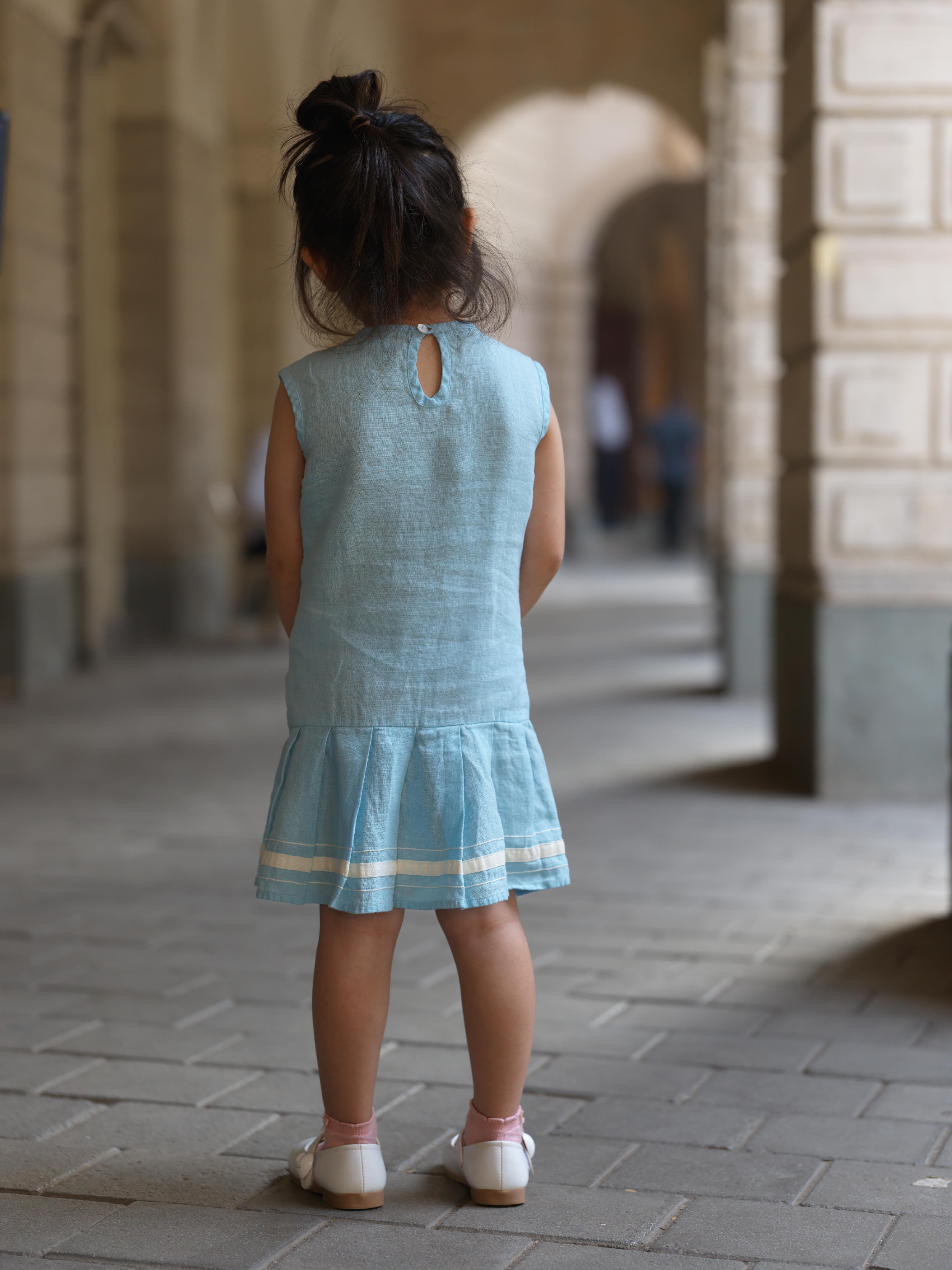 Girls Sleeveless Ribbon Dress Sky Blue