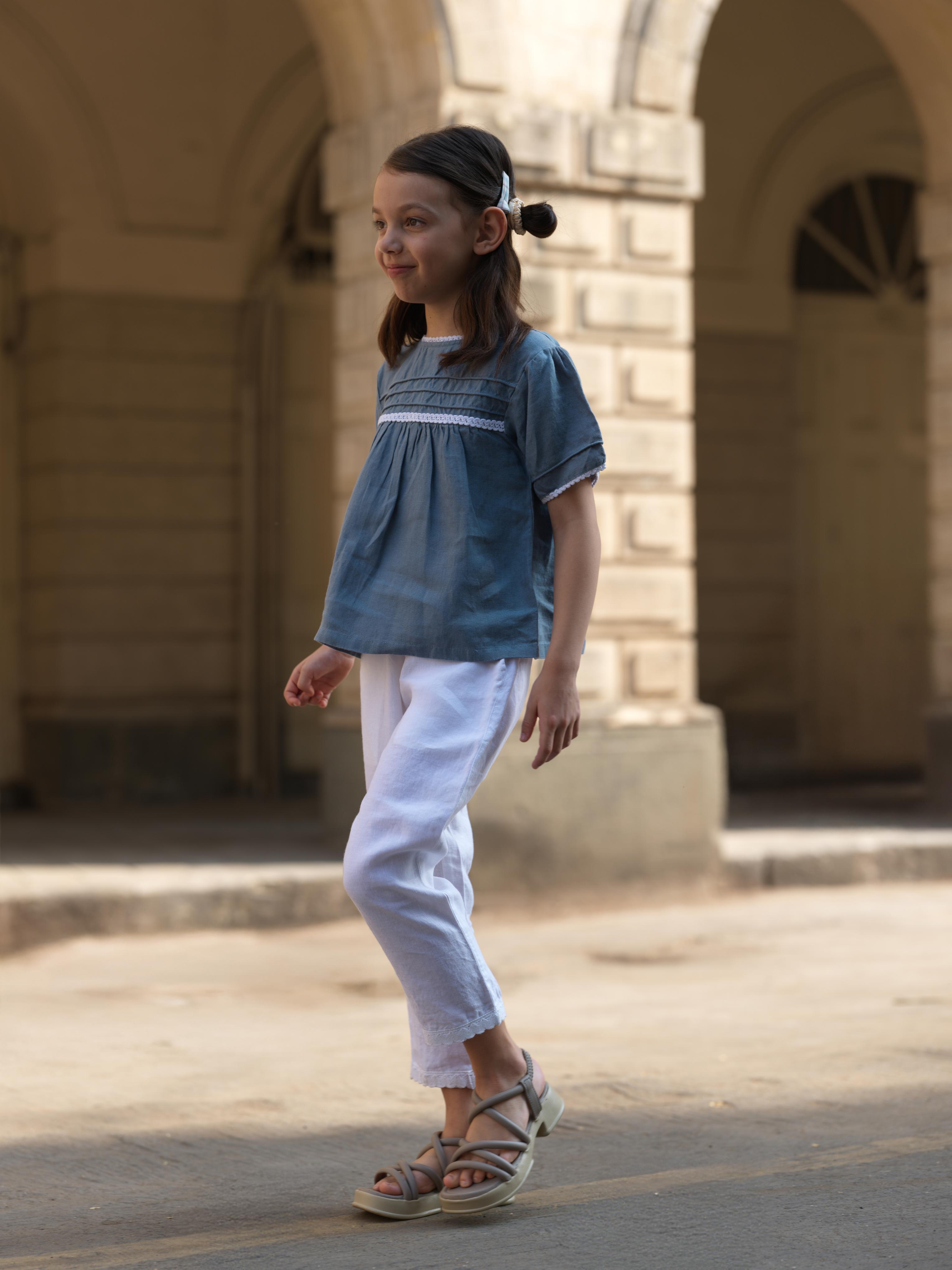 Girl Cord Piping Top & Trousers Co-ords set Airforce Blue / White