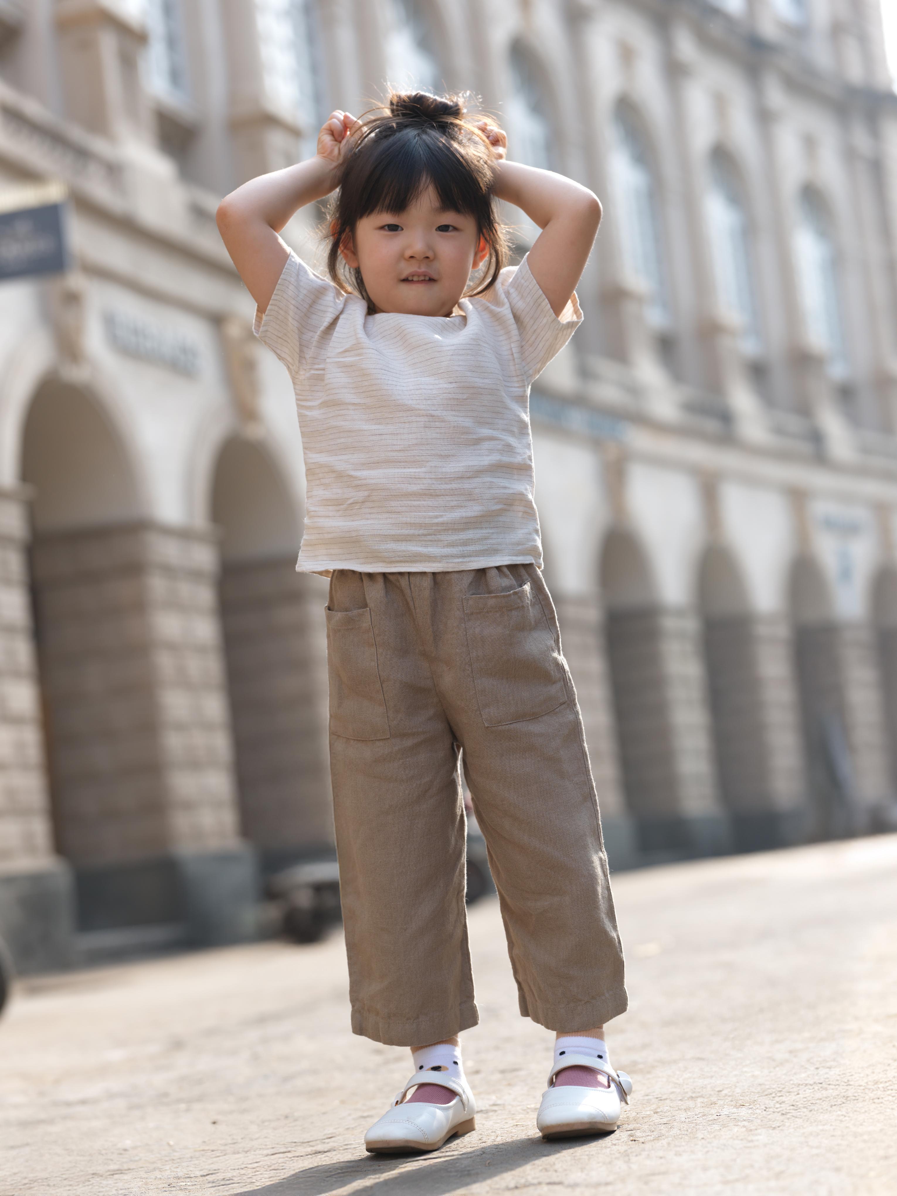 Girls Round Shoulder Top & Patch pocket Trousers Co-Ord set Beige Lines / Vintage Khaki