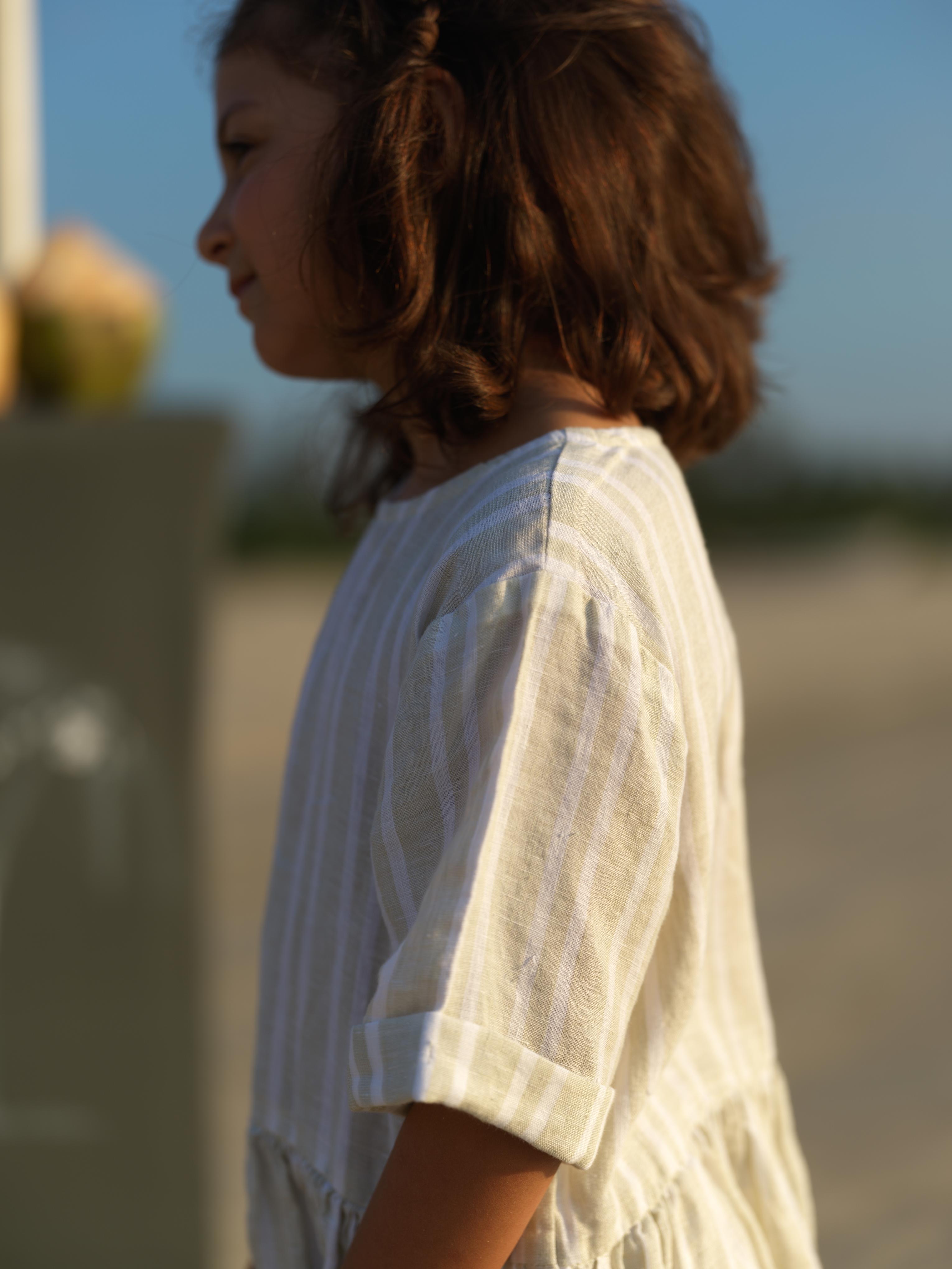 Girl Patch Pocket Drop Shoulder Dress Beige Double Stripe