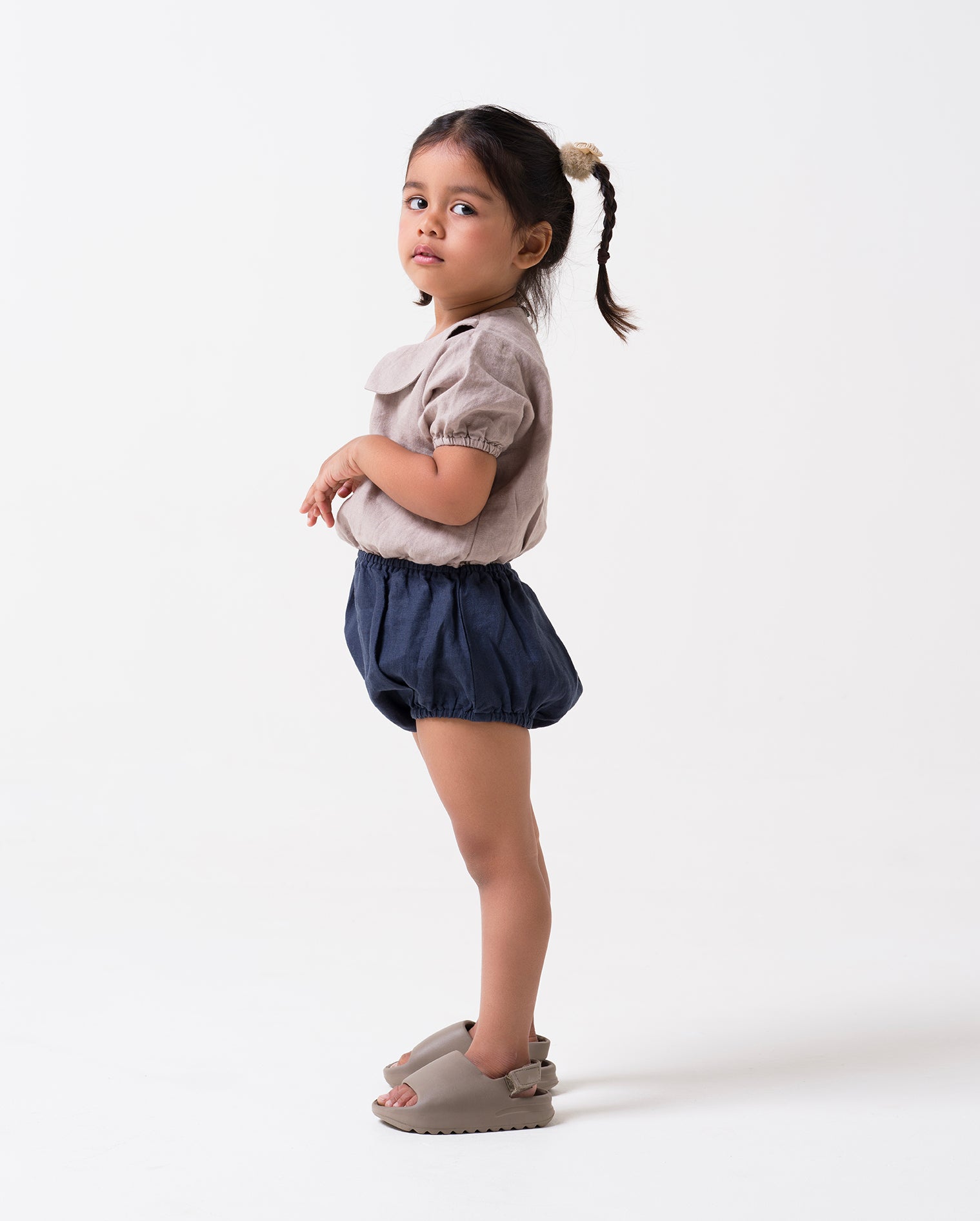 Bloom romper for girl T- Almond Beige - B- Navy Blue