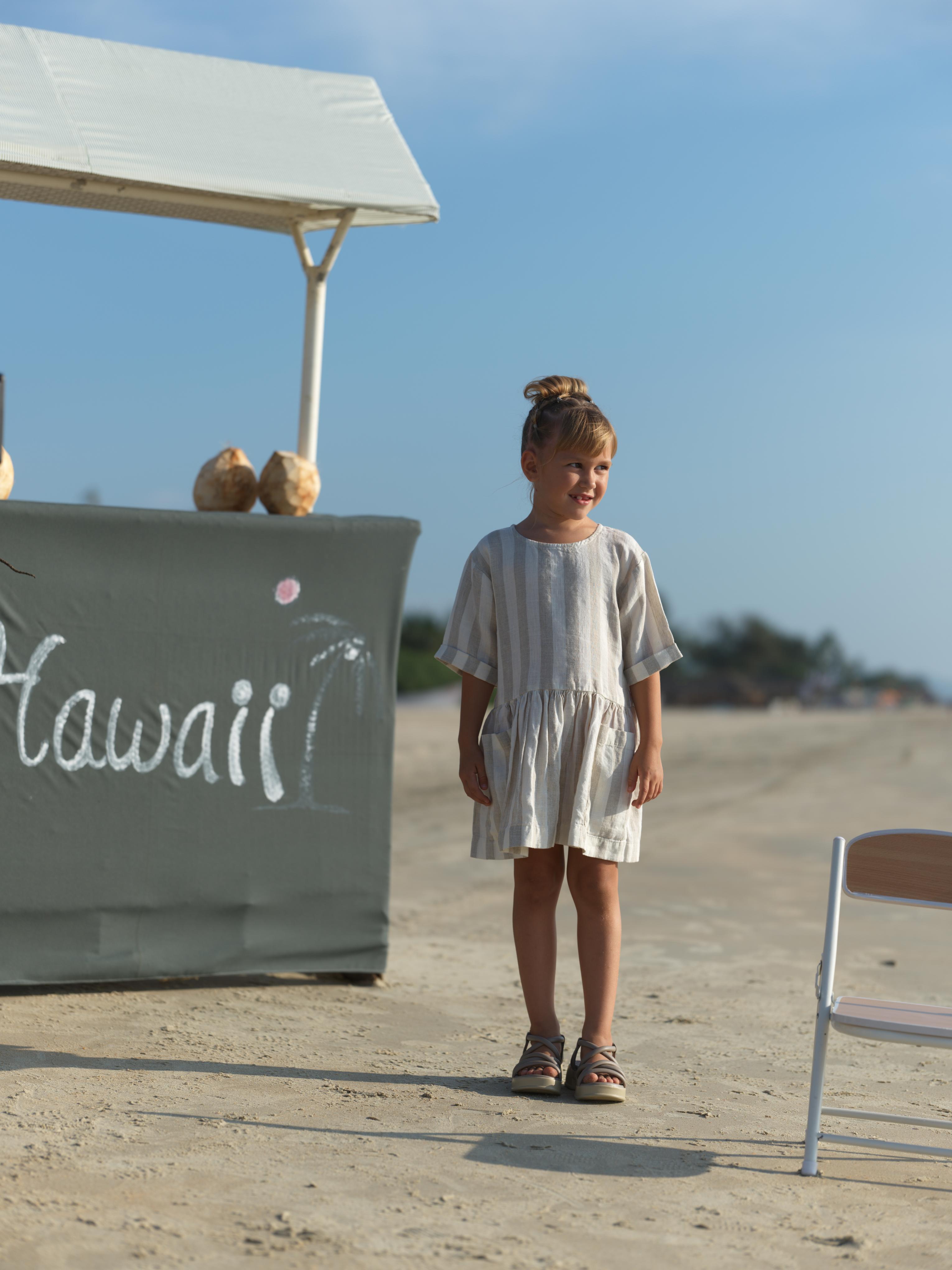 Girl Patch Pocket Drop Shoulder Dress Beige Cabana Stripe