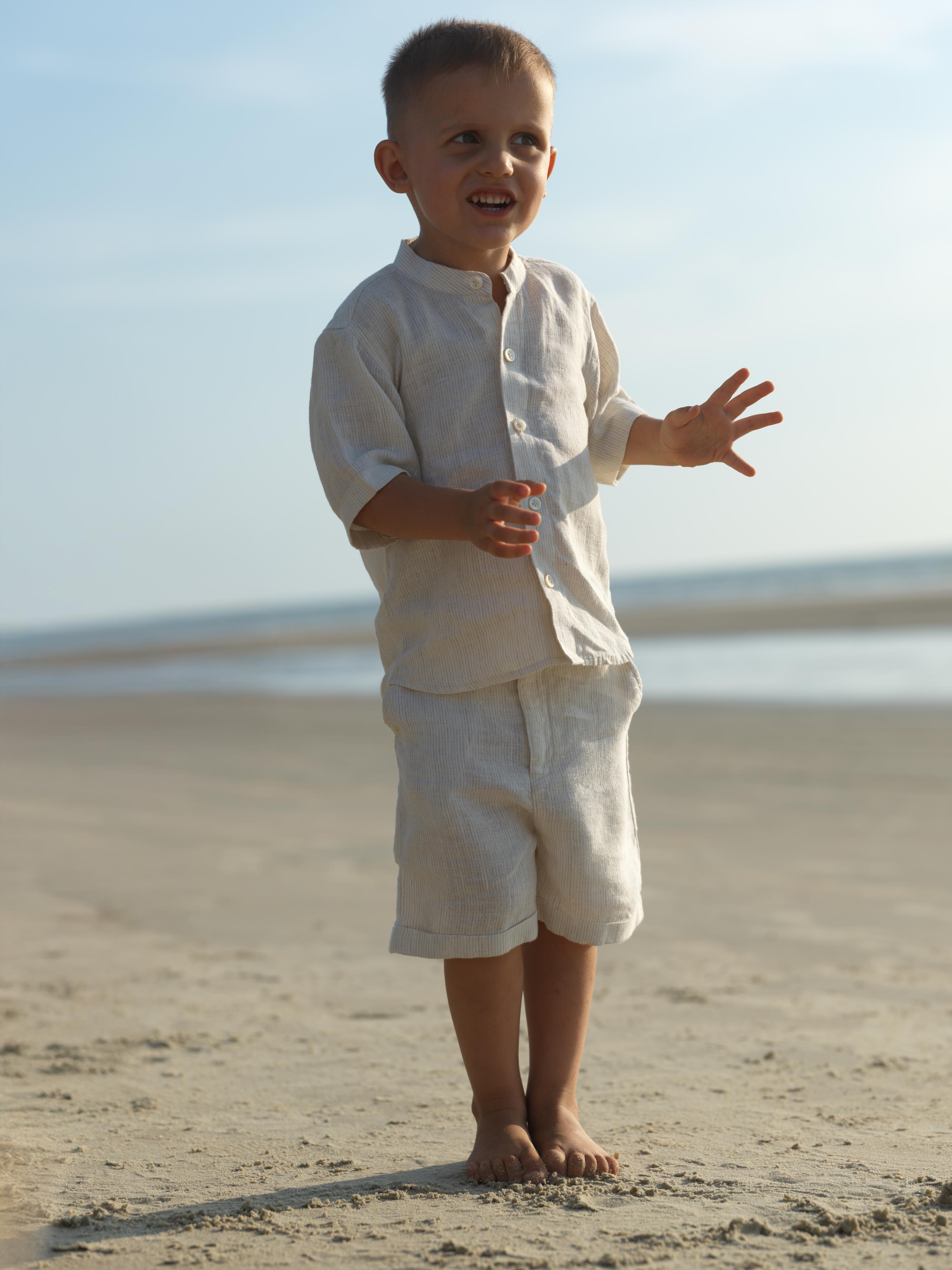 Boys Mandarin Collar Shirt & Shorts Co-Ord Beige