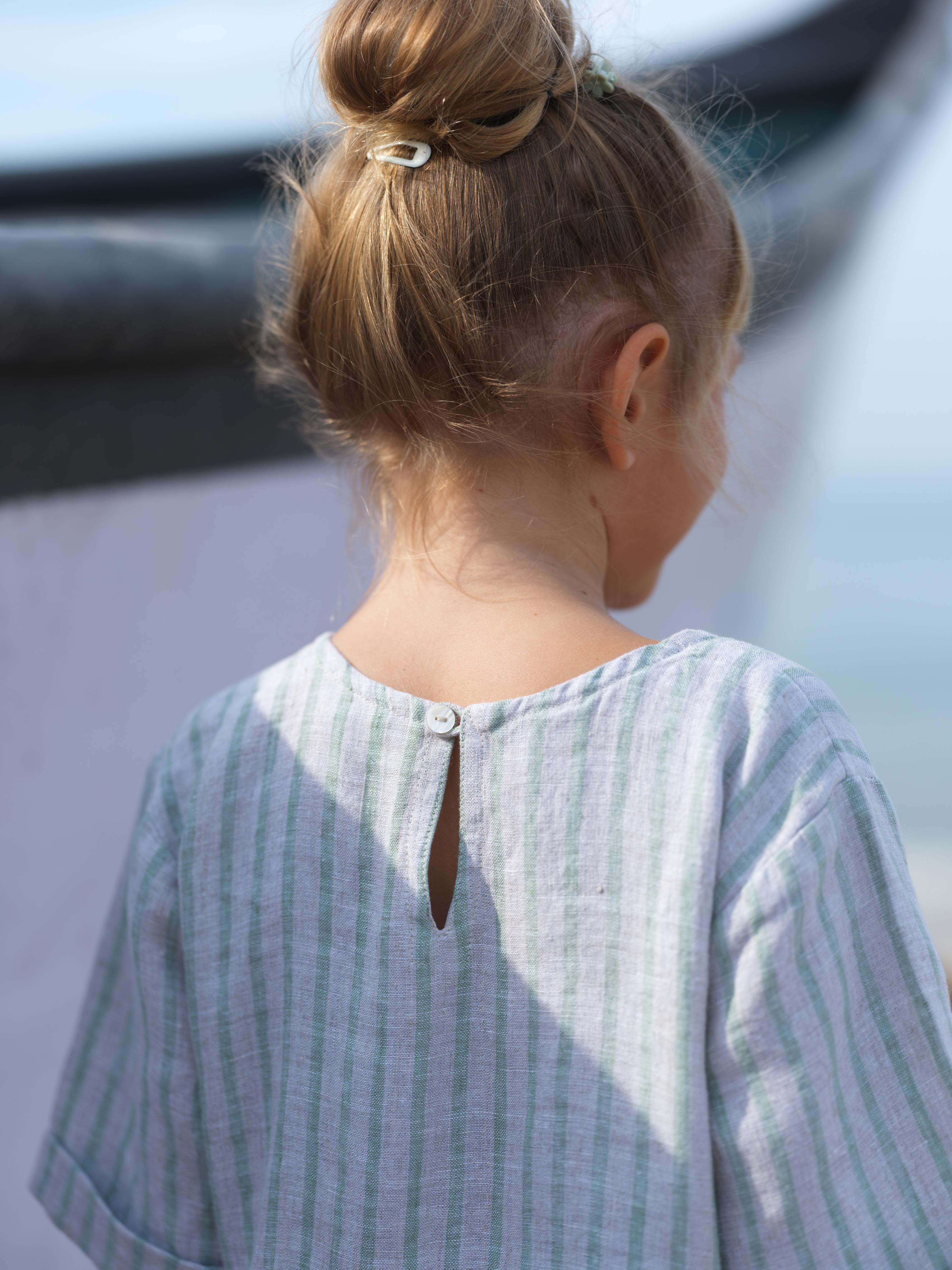 Girl Patch Pocket Drop Shoulder Dress Sage Pencil Stripe