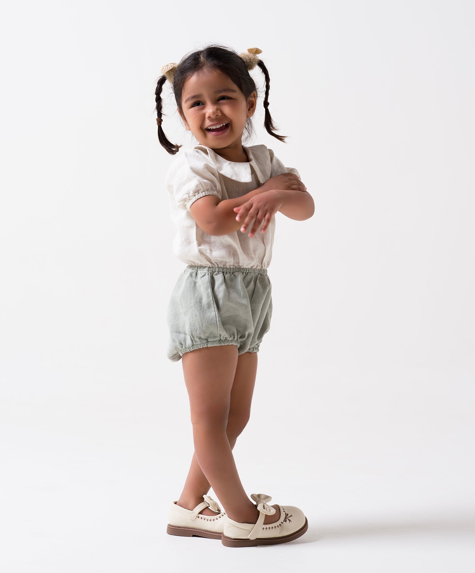 Bloom romper for girl T- Beige Hairline Stripe - B- Mint Green