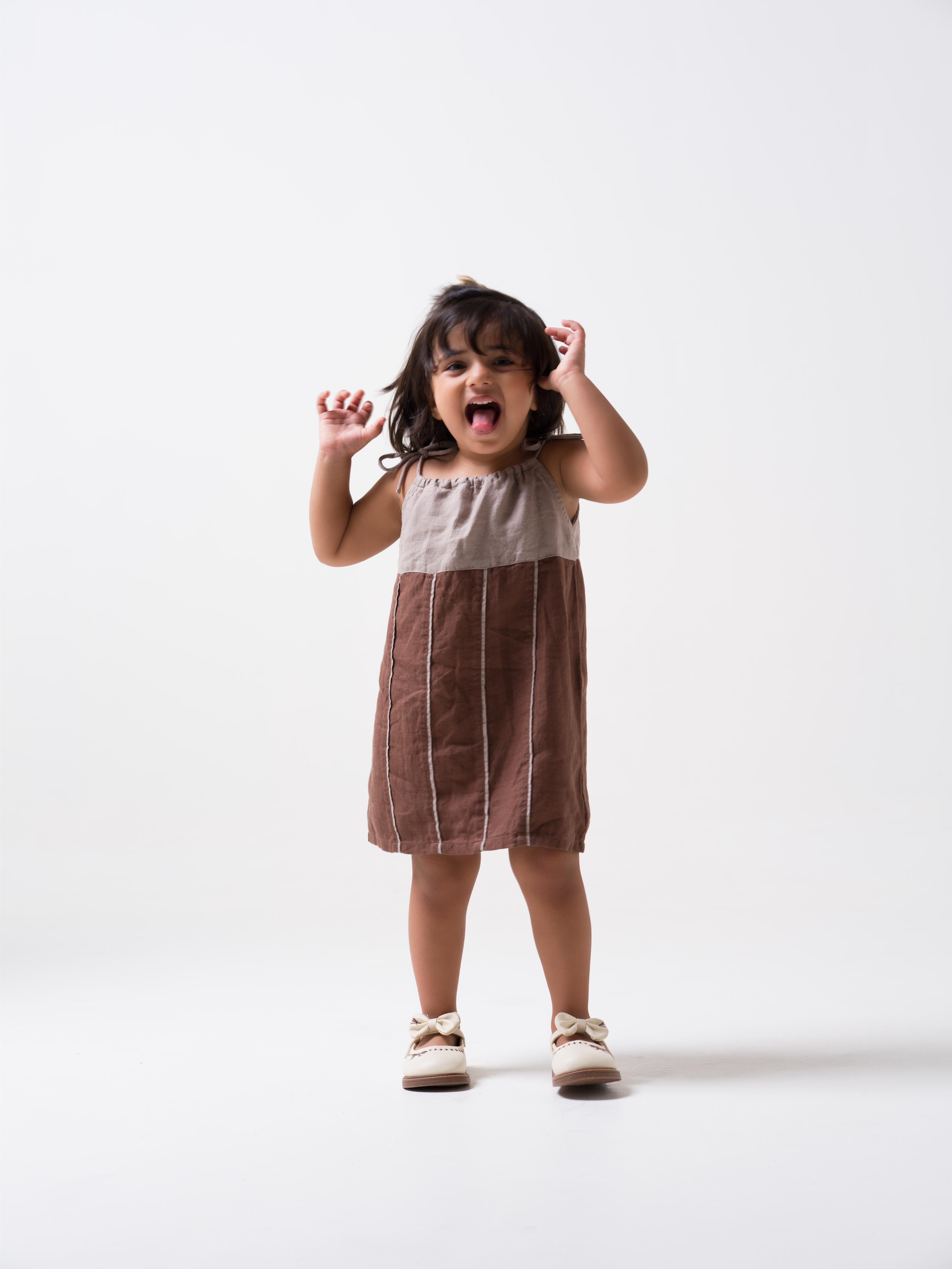 Vertical Stripe Frock Walnut - Yoke & Stripe - Almond Beige