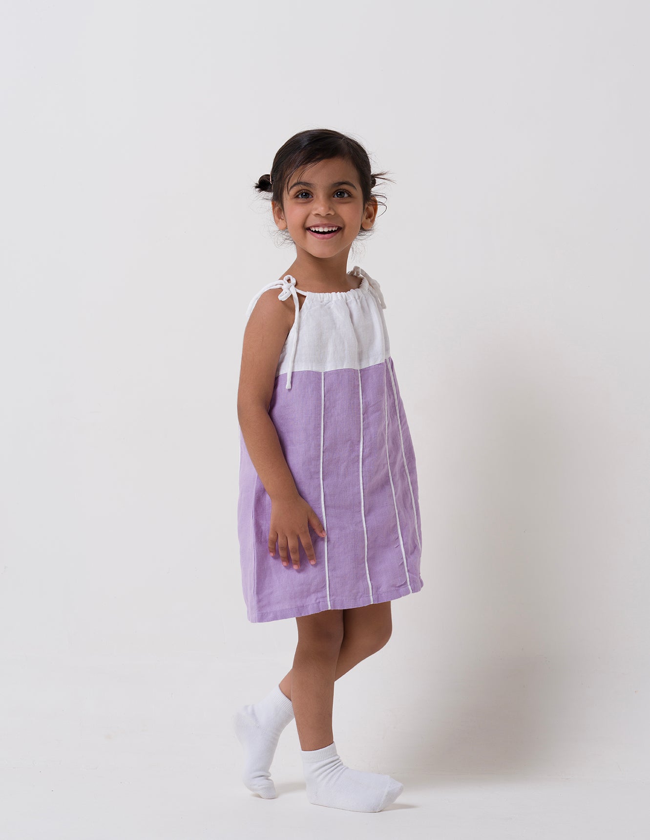 Vertical Stripe Frock Lavender Yoke & Stripe - White