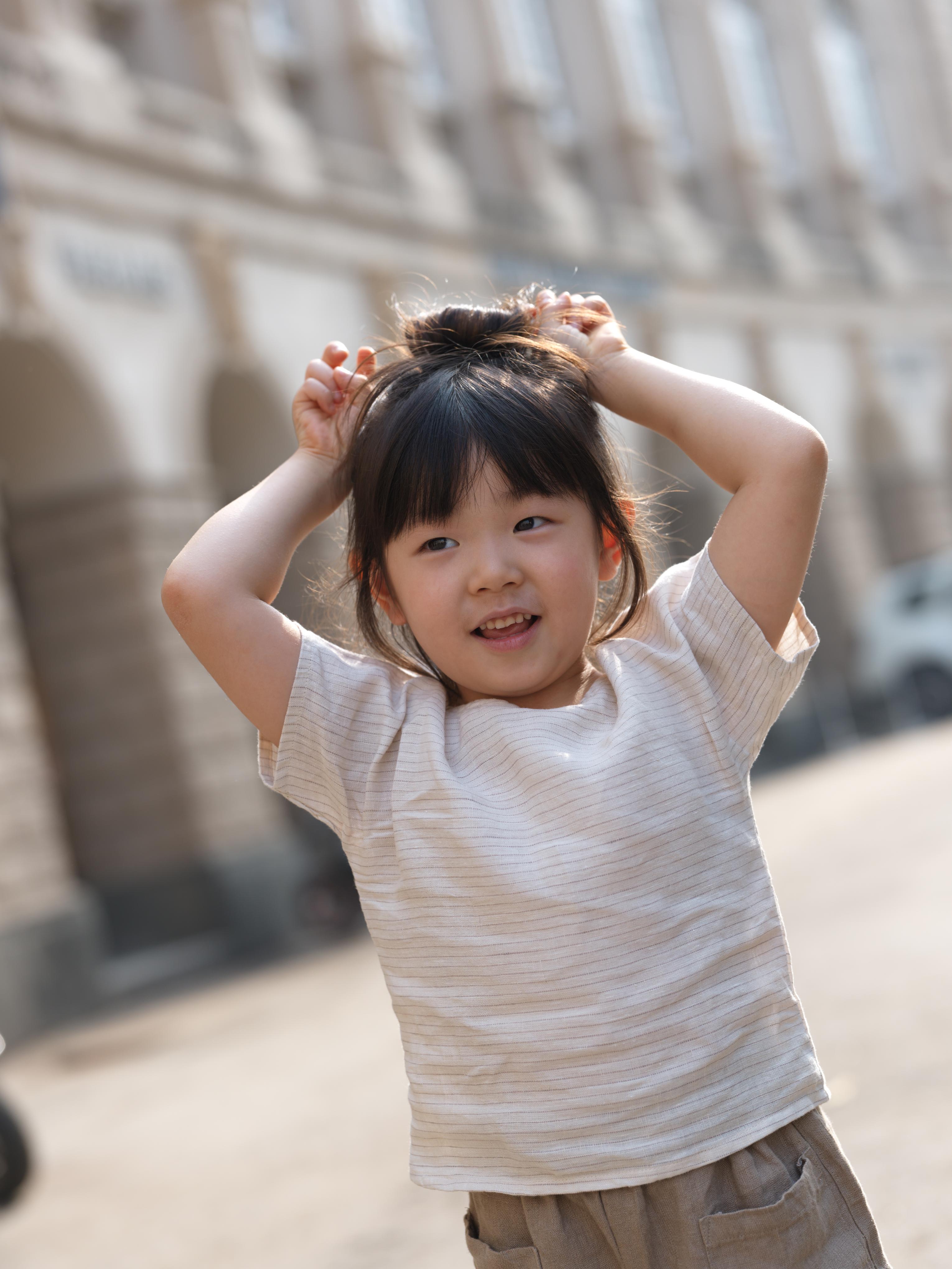Girls Round Shoulder Top & Patch pocket Trousers Co-Ord set Beige Lines / Vintage Khaki