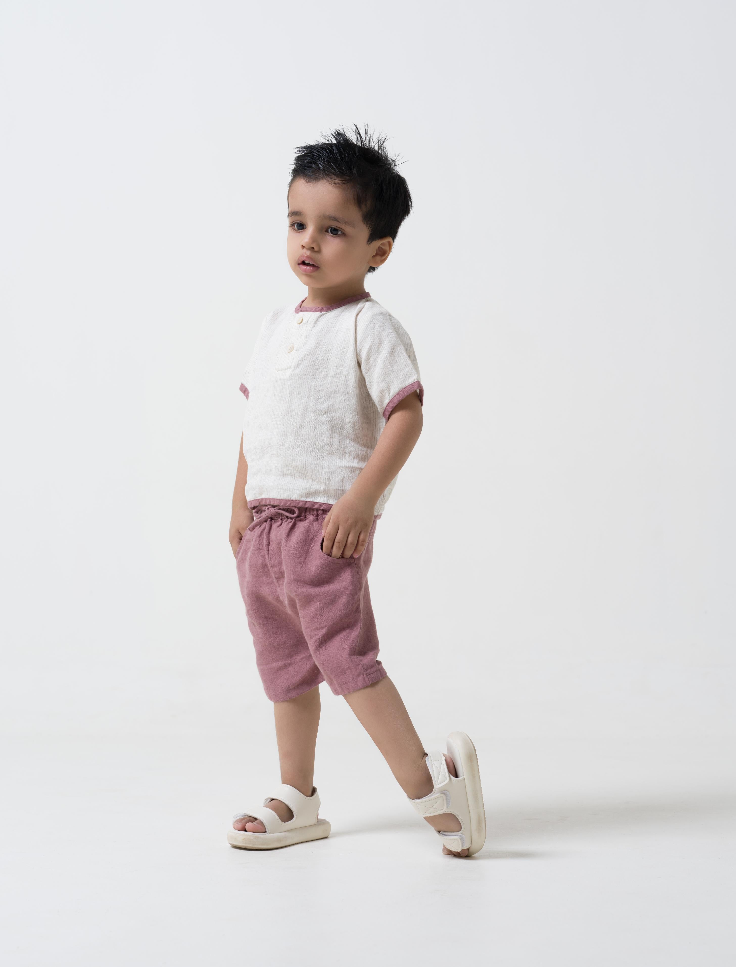 Drawstring Shorts & Shirt Set Shirt - Beige Hairline Stripe - Shorts Rose gold