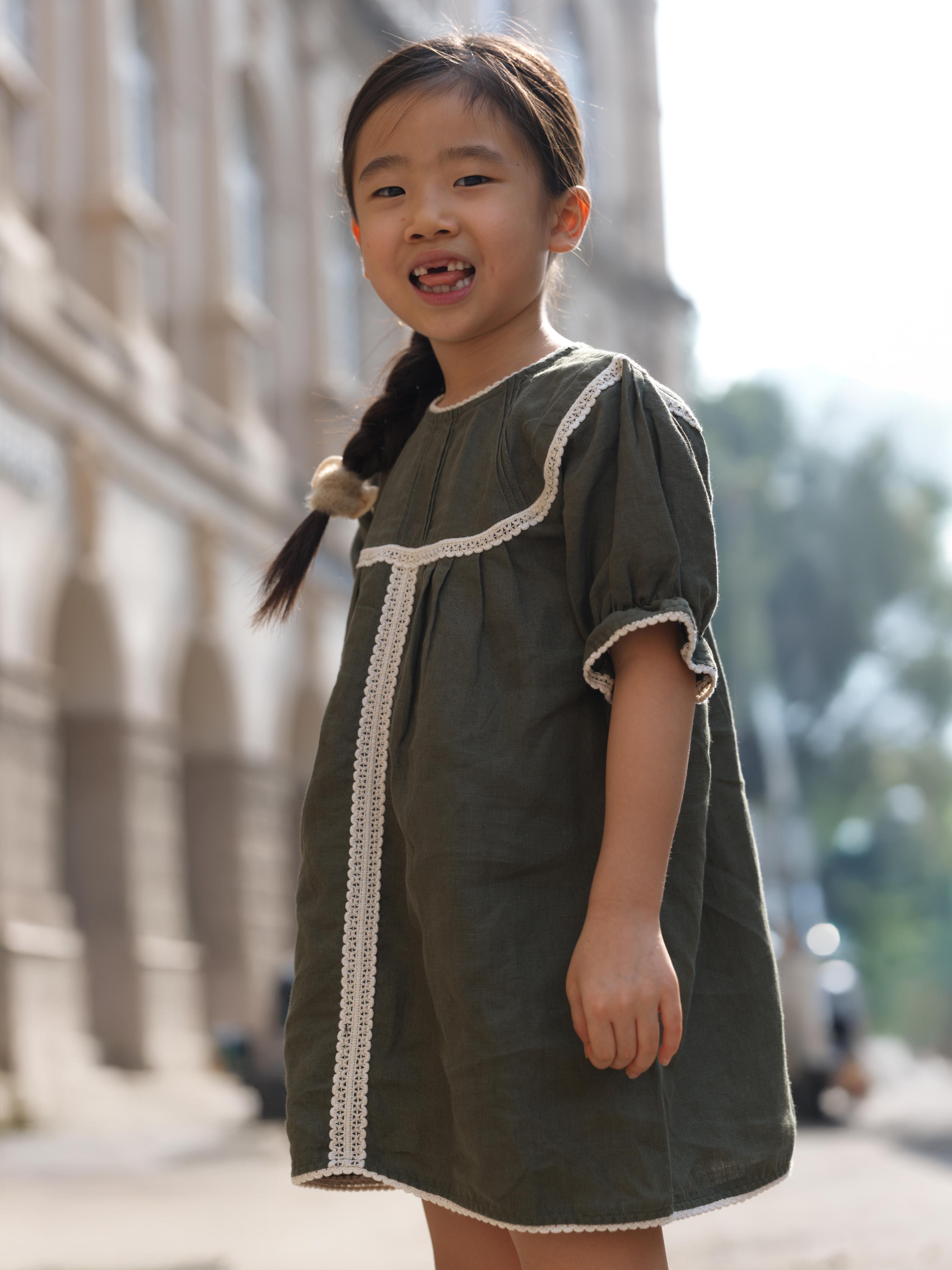 Girls Puff Sleeve Vintage Dress Crocodile Green