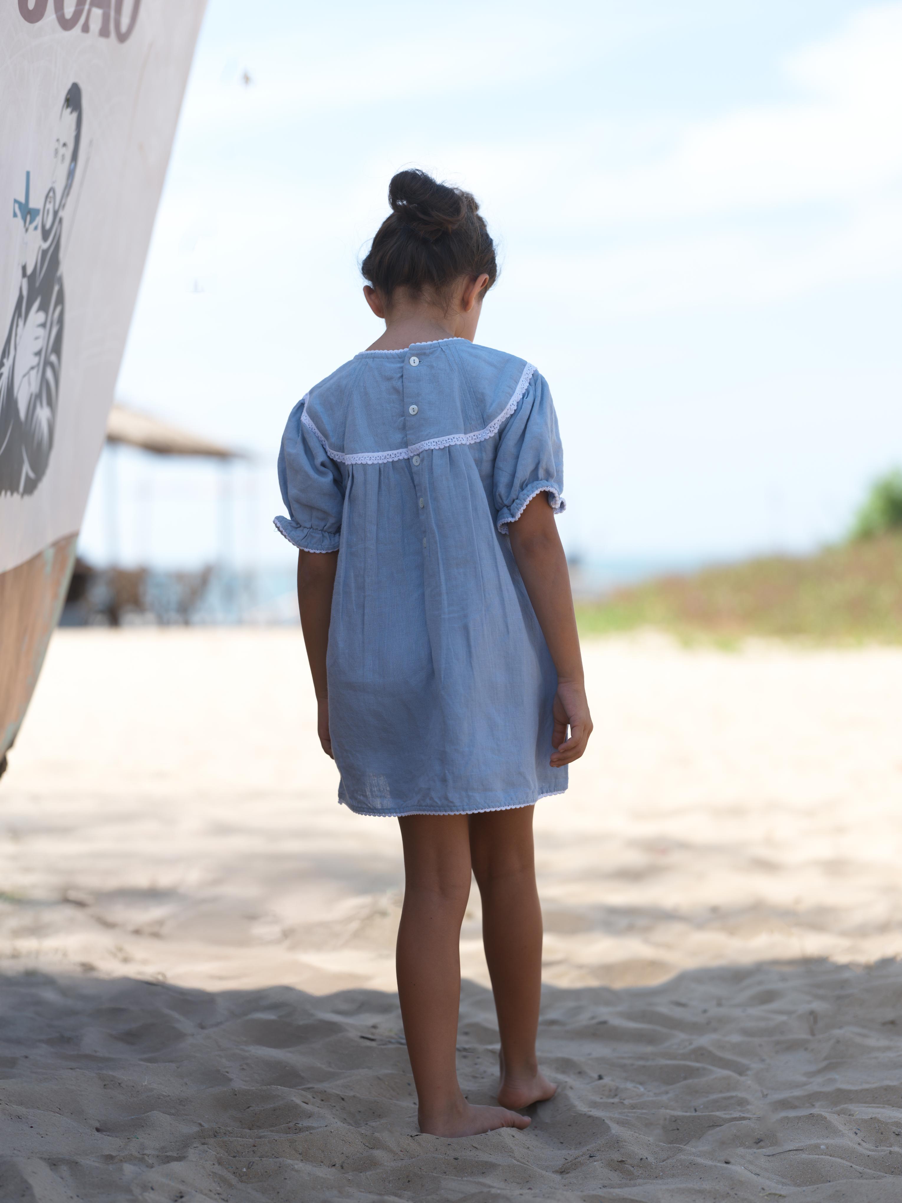 Girls Puff Sleeve Vintage Dress Pacific Blue