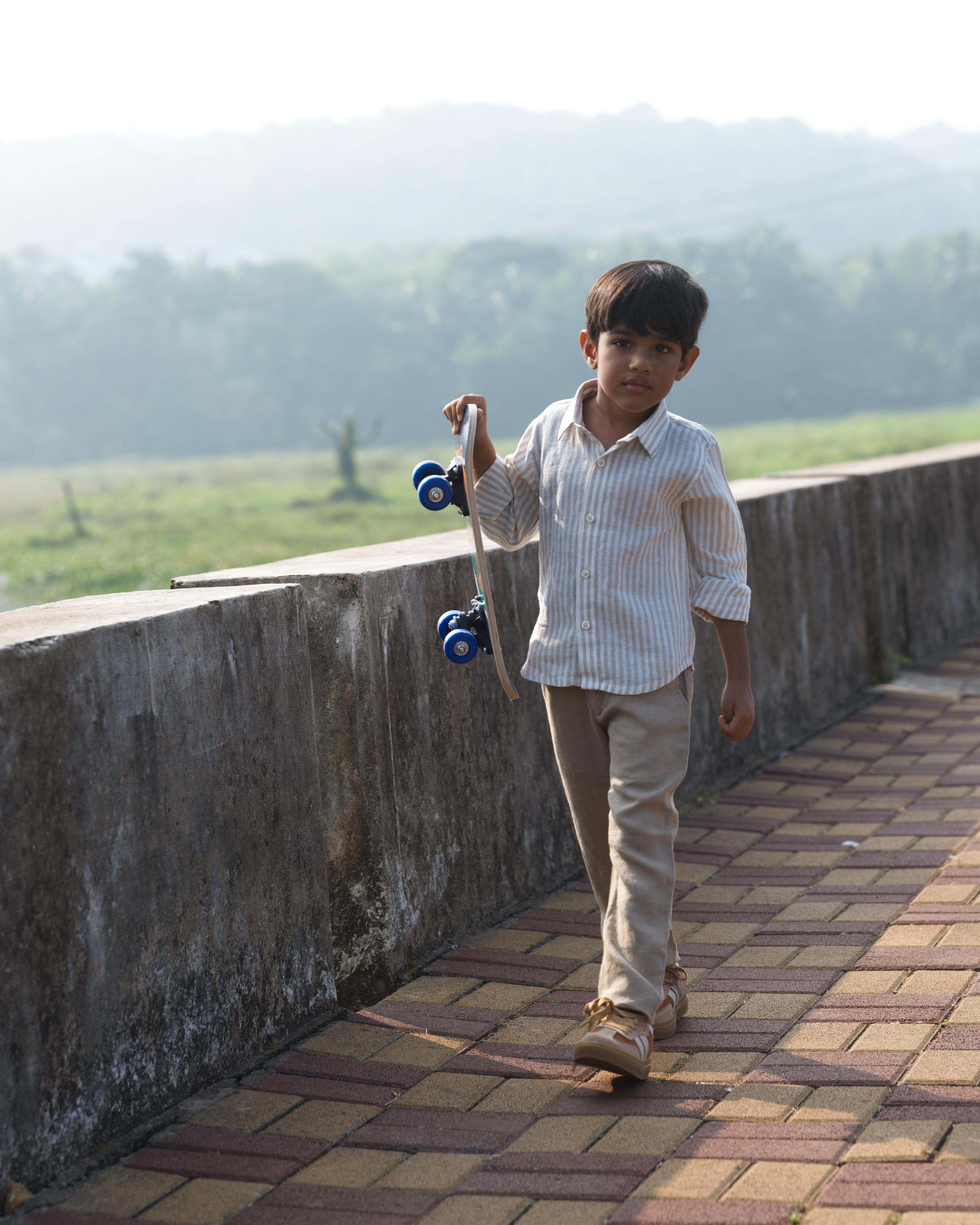 Boys Regular Collar Shirt Beige Stripe