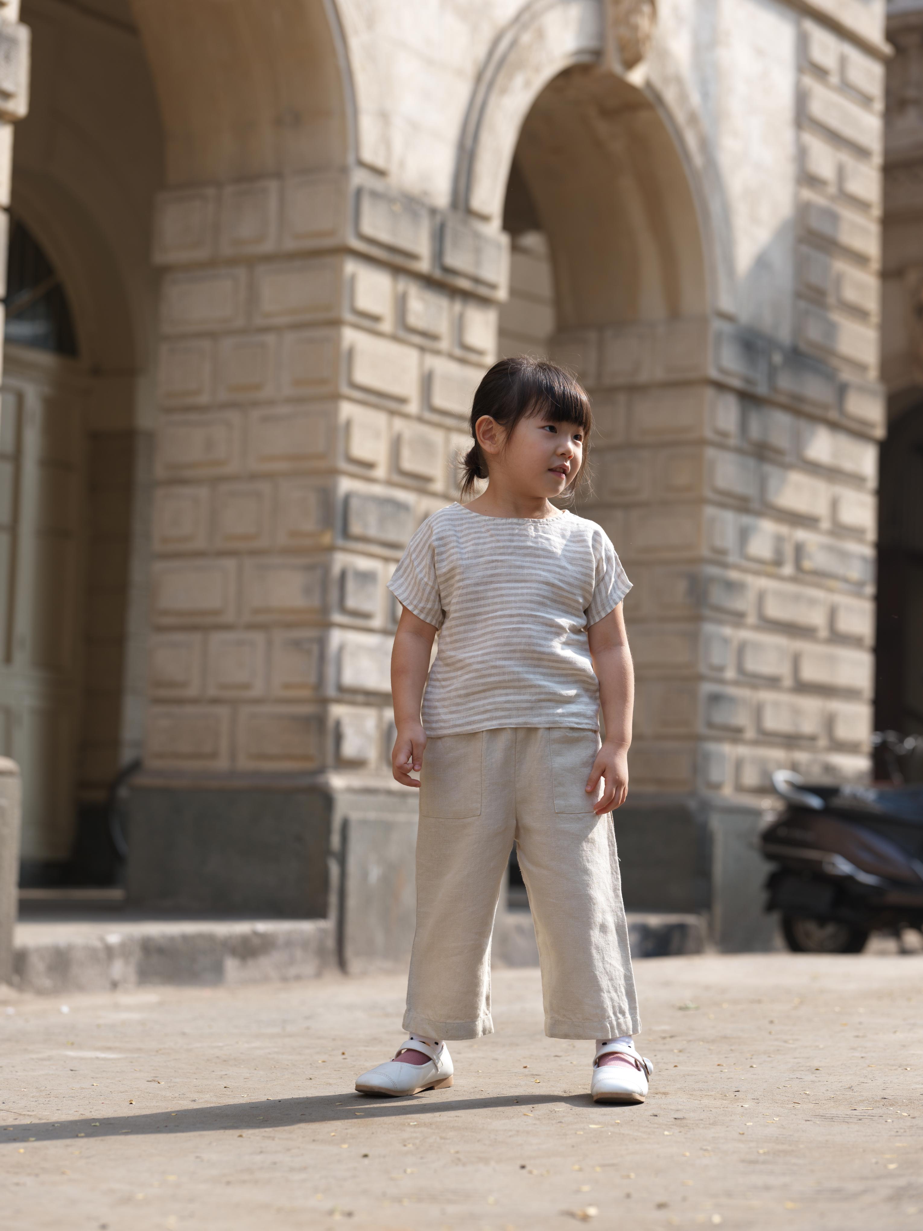 Girls Round Shoulder Top & Patch pocket Trousers Co-Ord set Beige Stripes / Oatmeal