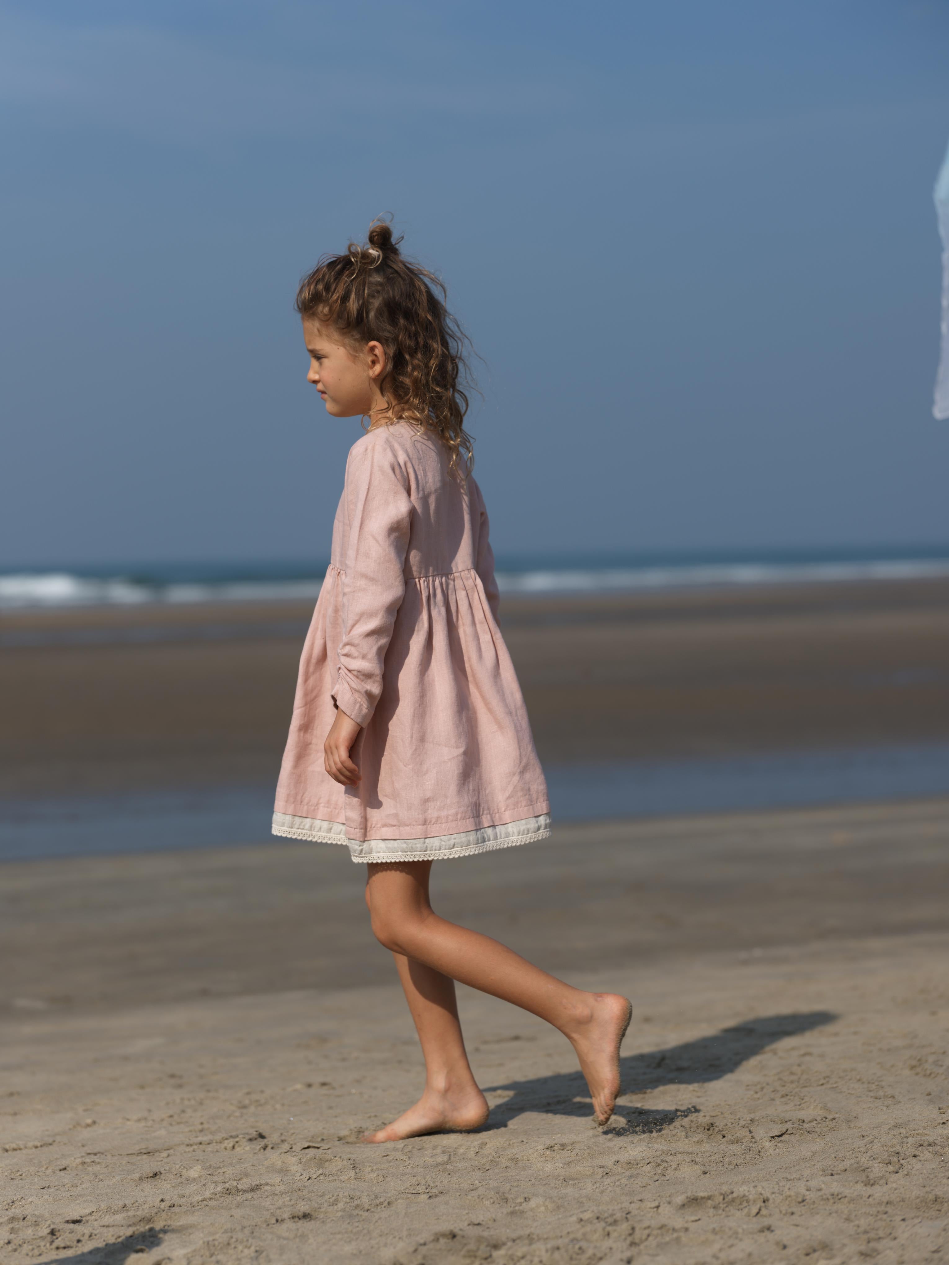 Girl Elastic Long Sleeve Dress Flamingo