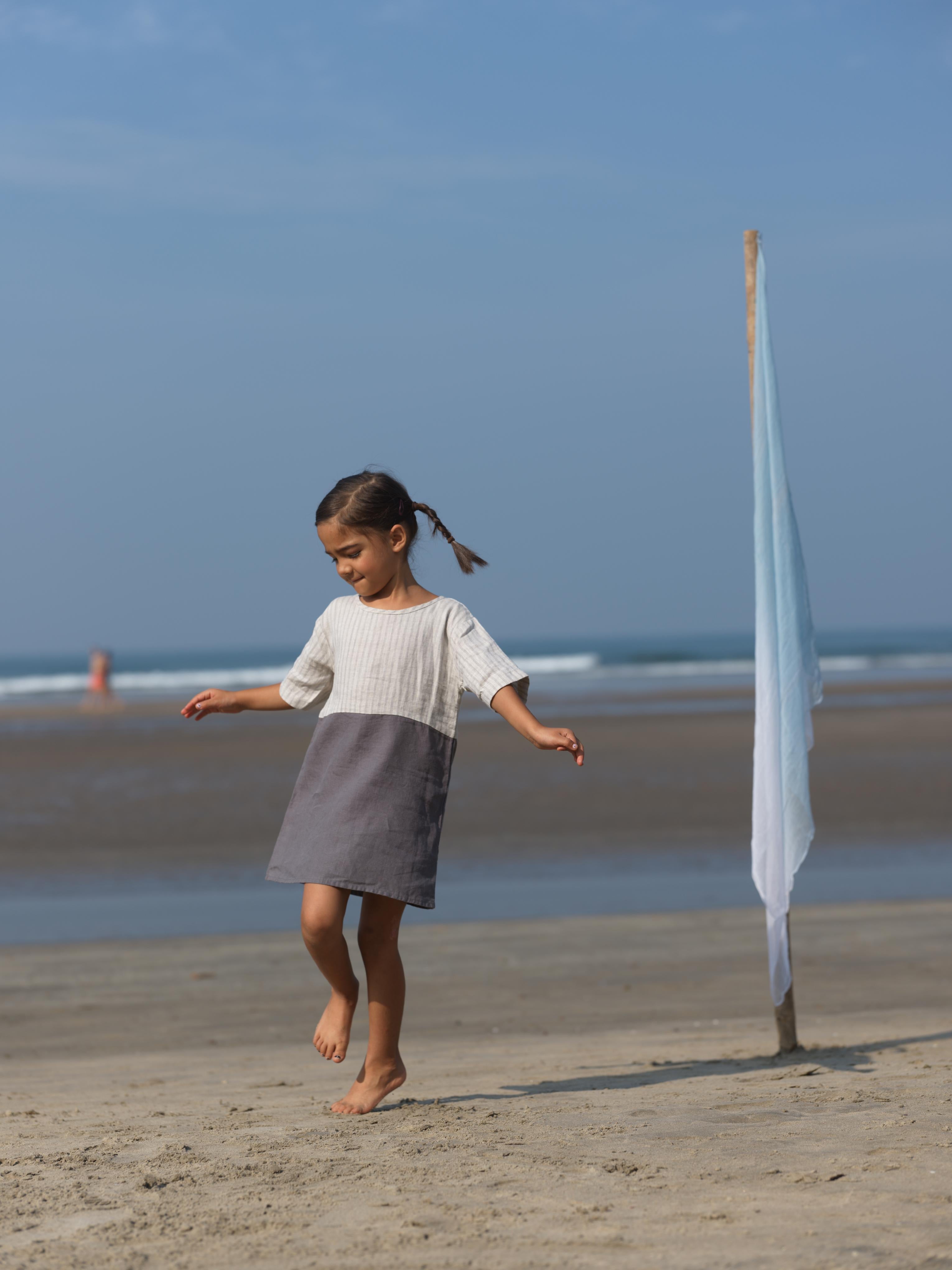 Girls Two Colour Casual Dress Cloud Grey Pencil Stripe / Stone Grey