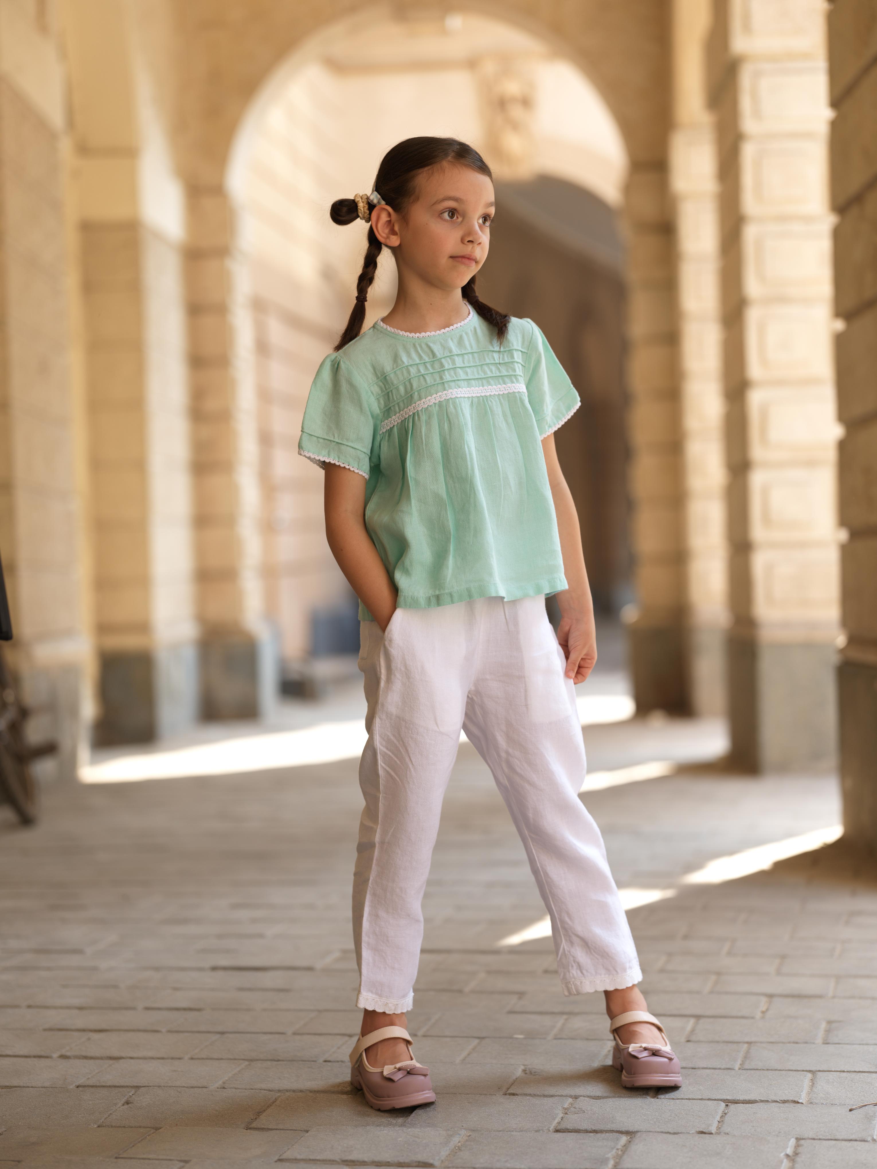 Girl Cord Piping Top & Trousers Co-ords set Celestial Green / White