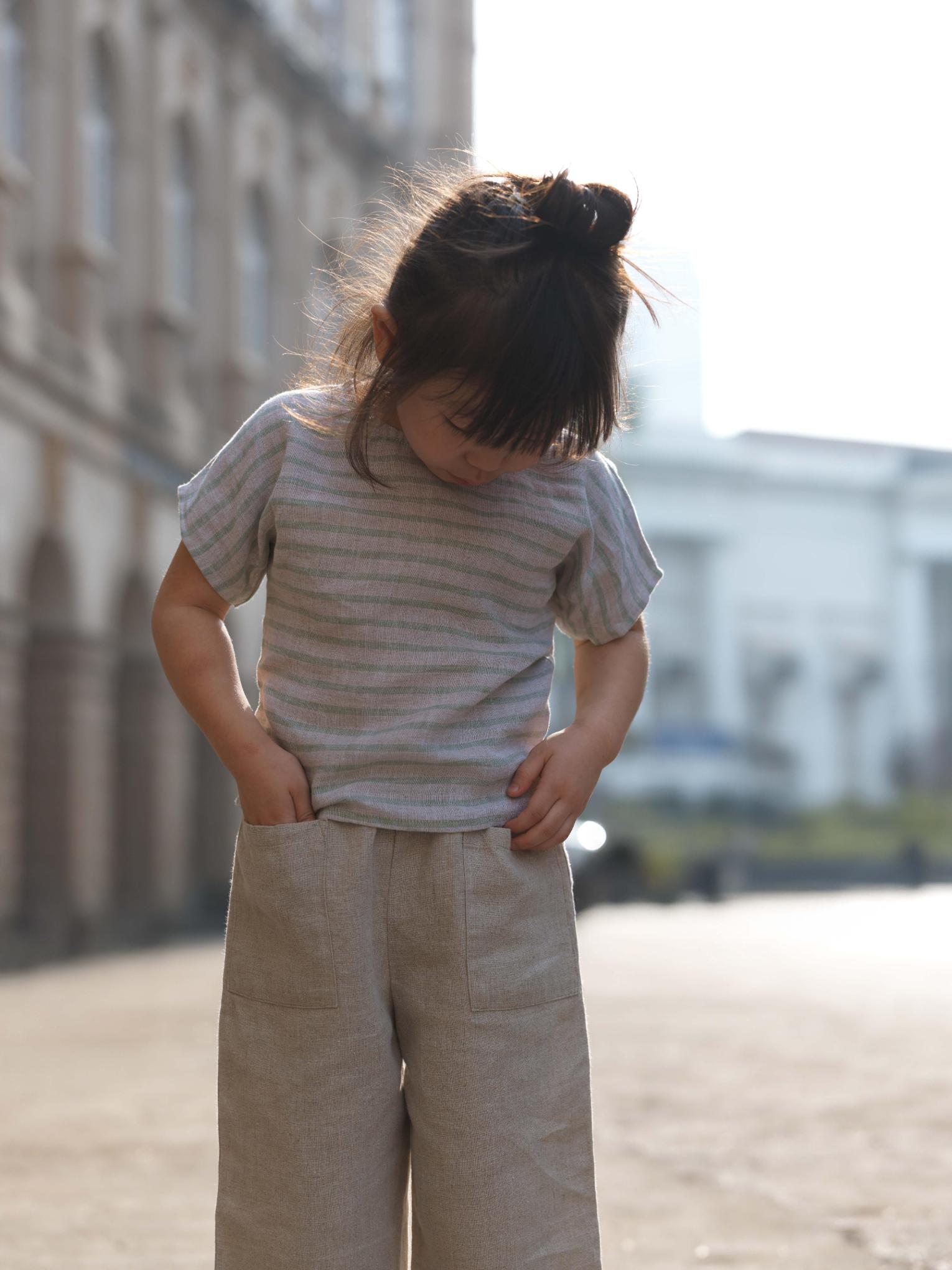 Girls Round Shoulder Top & Patch pocket Trousers Co-Ord set Sage Pencil Stripe / Natural swaps