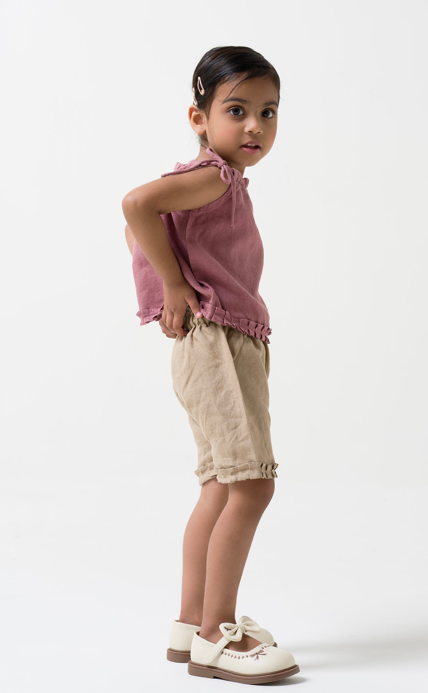 Linen Strap Ruffle Co-ords Set Top - Rose Gold B- Cookie & Cream