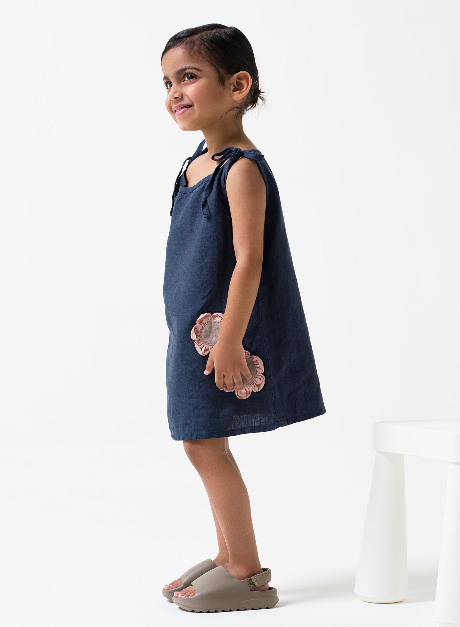Navy Blue Tie-Up Shoulder Flower Frock