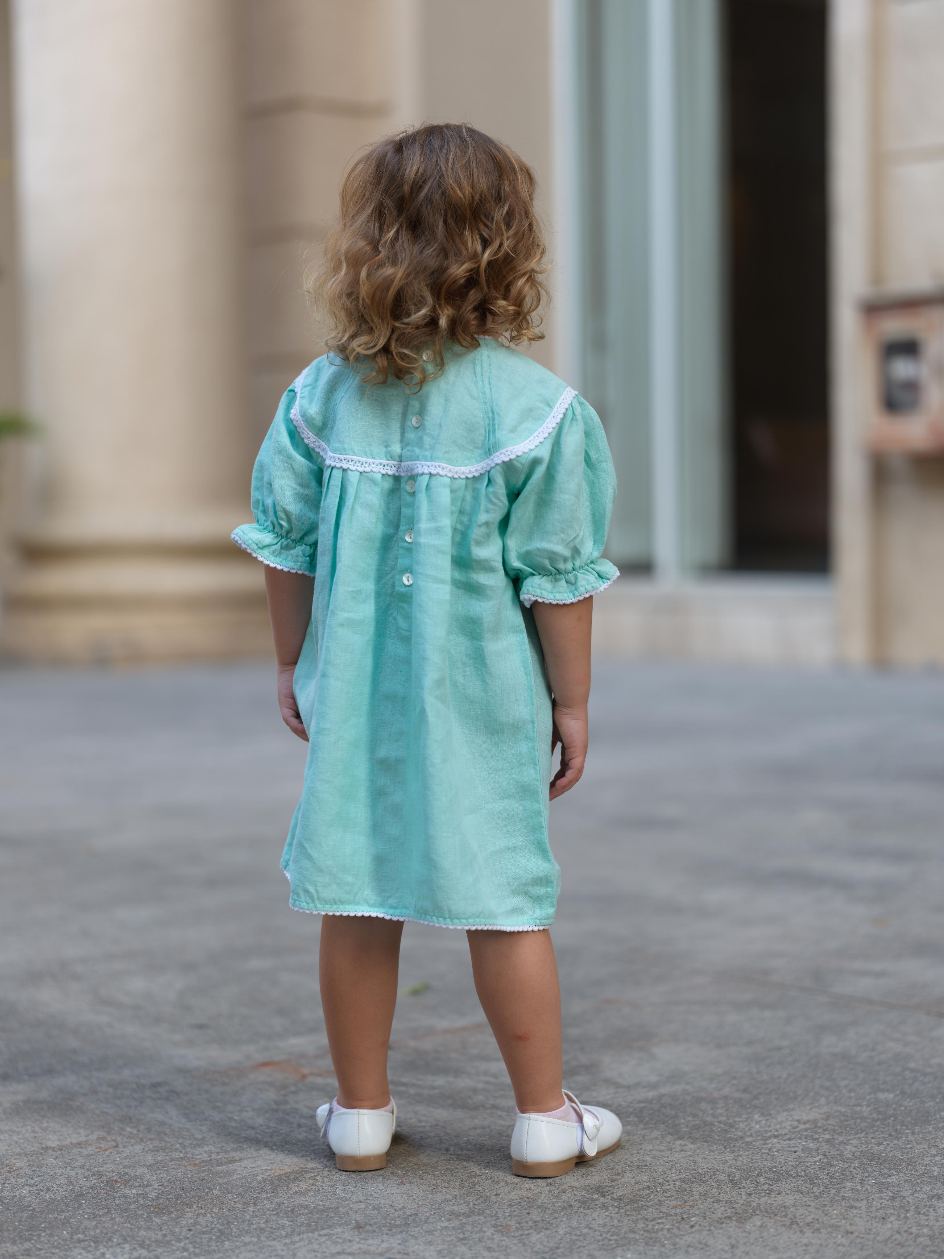 Girls Puff Sleeve Vintage Dress Celestial Green