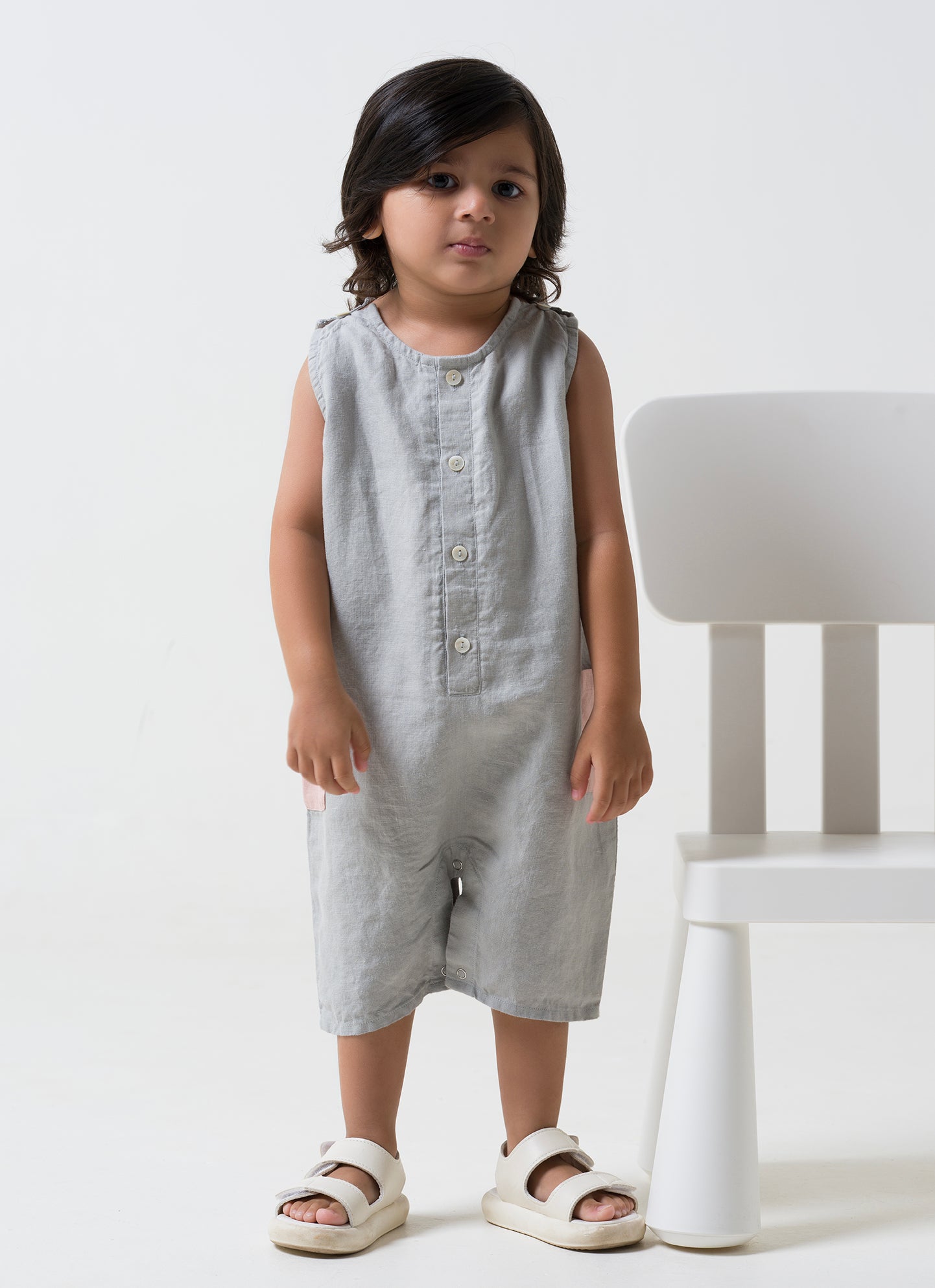 Patch Pocket Romper - Cloud Grey Pocket - Flamingo