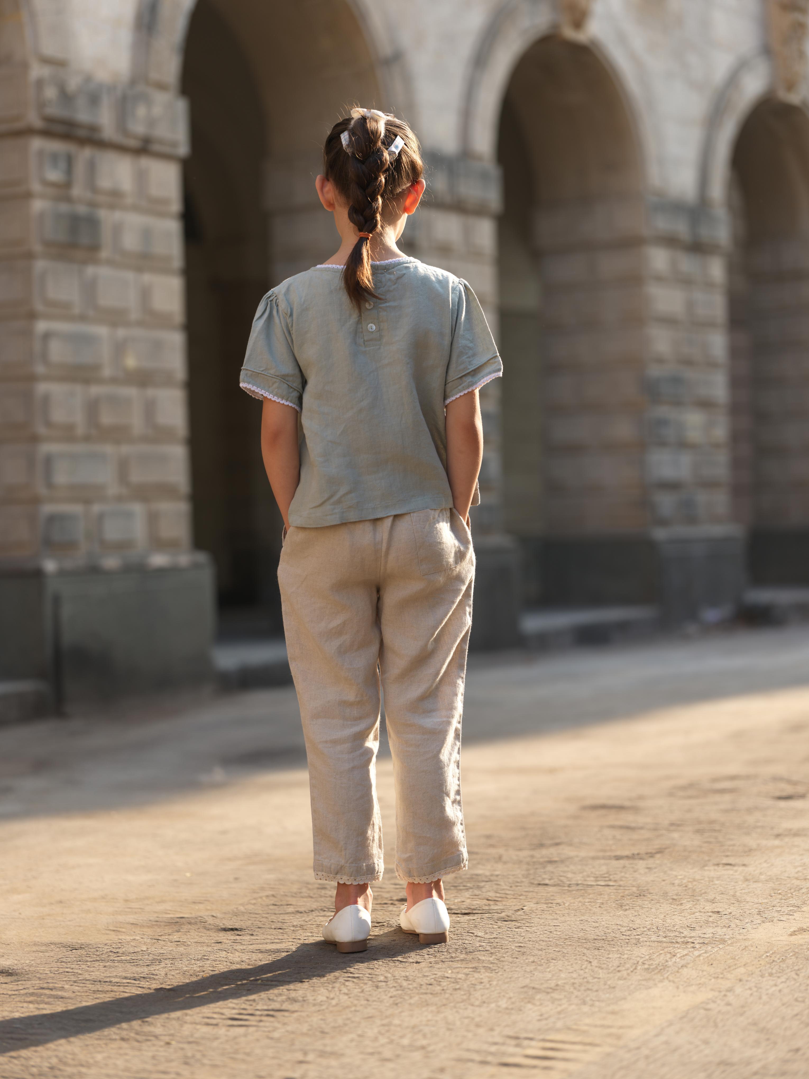 Girl Cord Piping Top & Trousers Co-ords set Mint Green / White