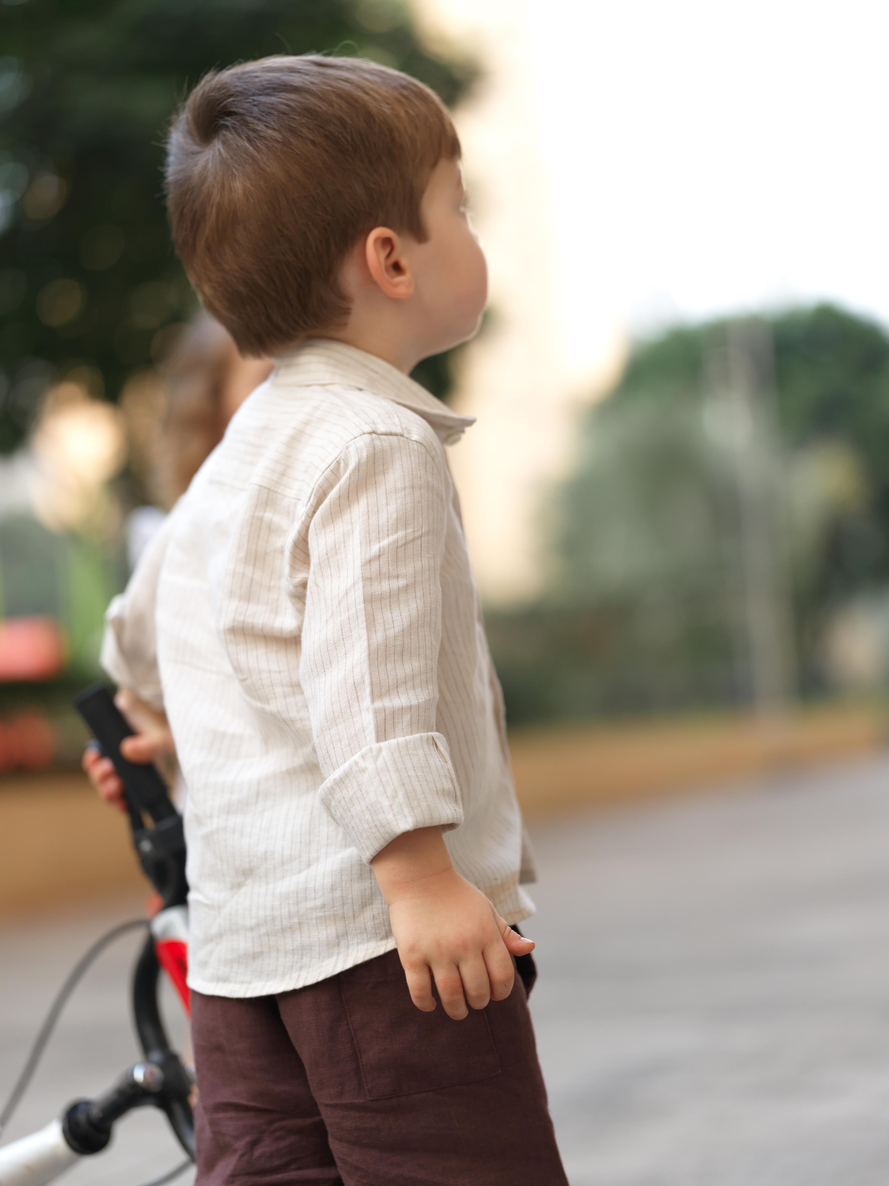 Boys Regular Collar Shirt Beige Lines