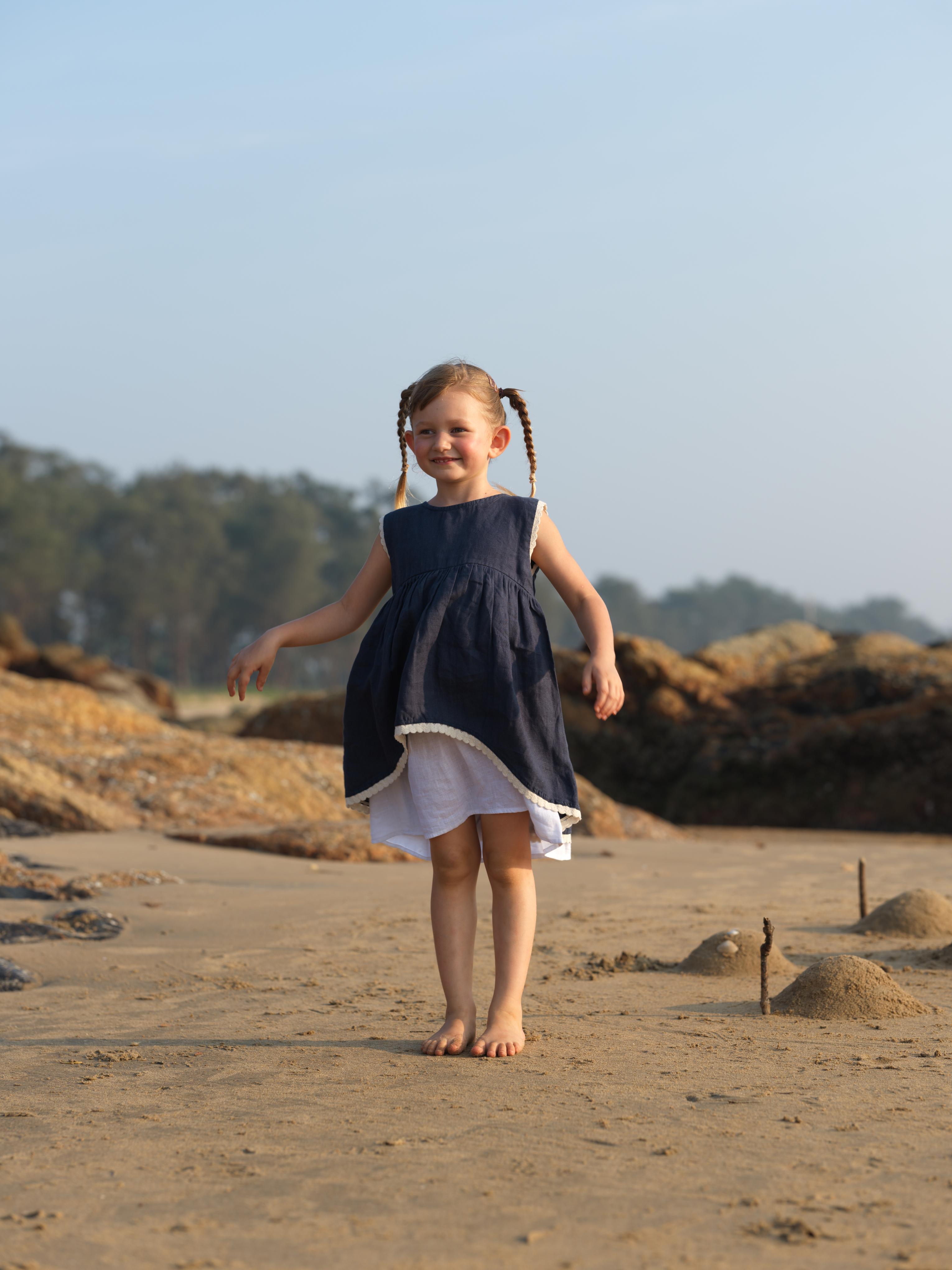Girls Two Layer Sleeveless Dress Navy Blue / White