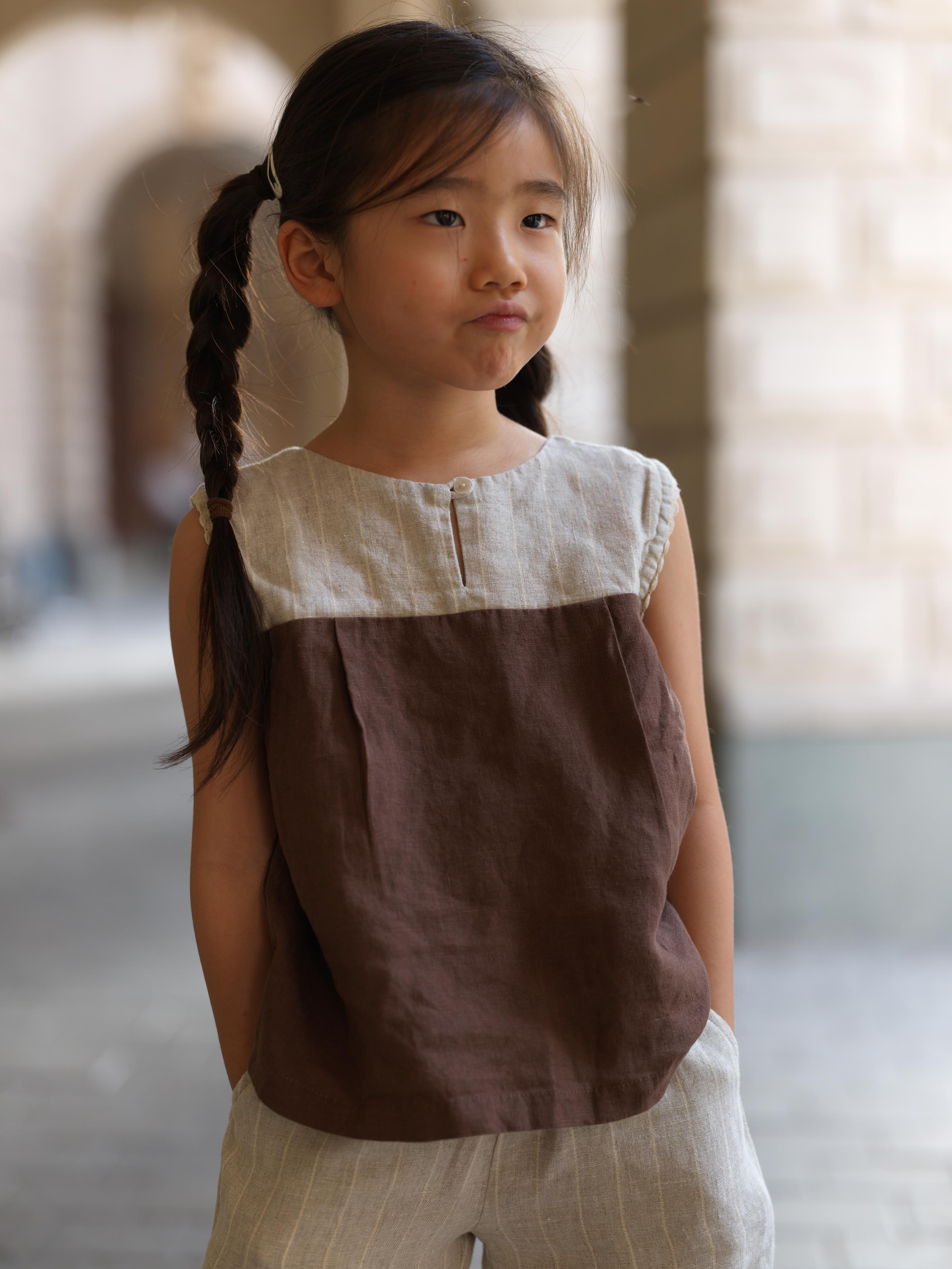 Girls Sleeveless Front Keyhole Top & Trousers Lurex Stripe / Walnut