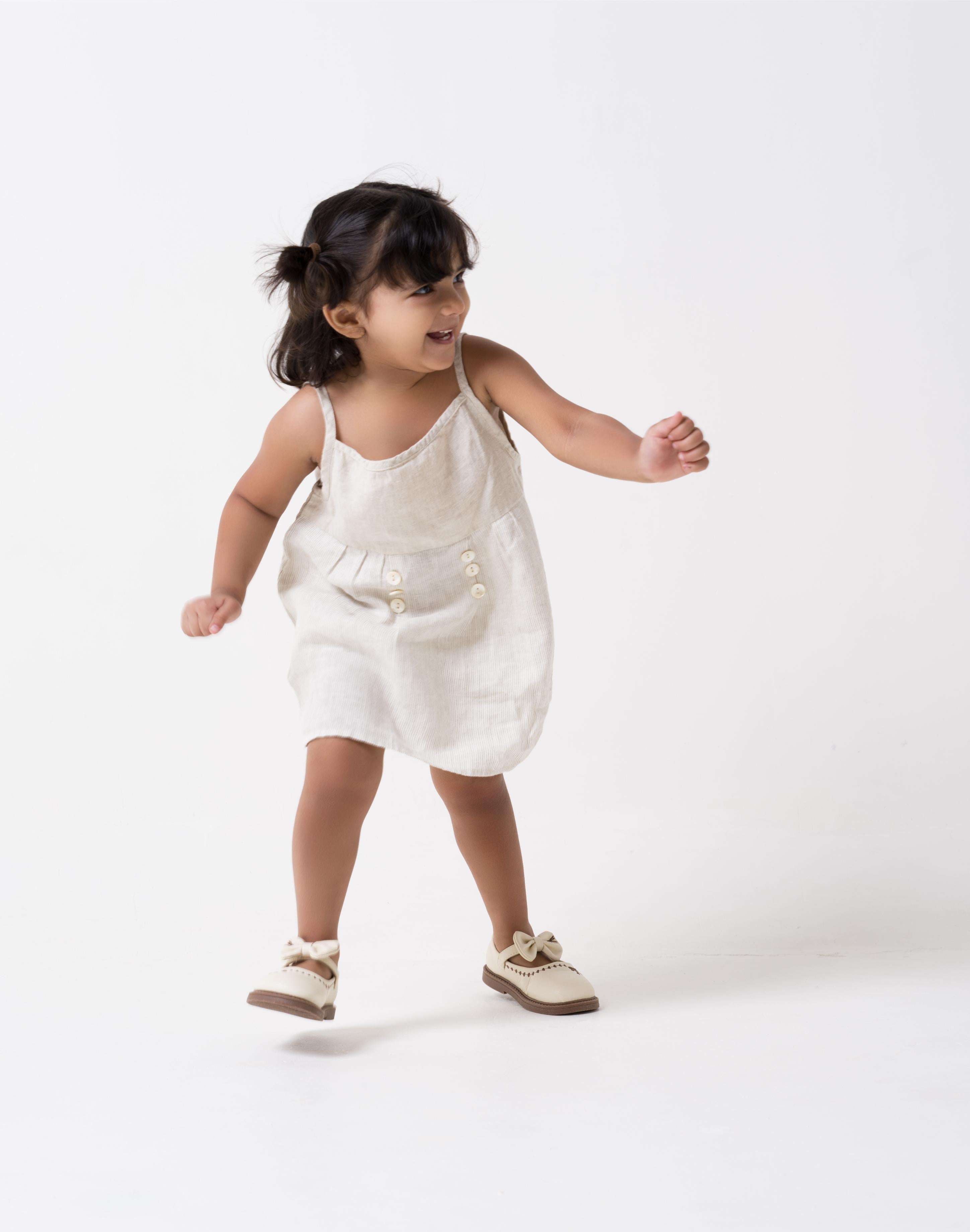 Buttons Detailed Frock Yoke - Cookie & Cream - Dress - Fade Fine Stripe