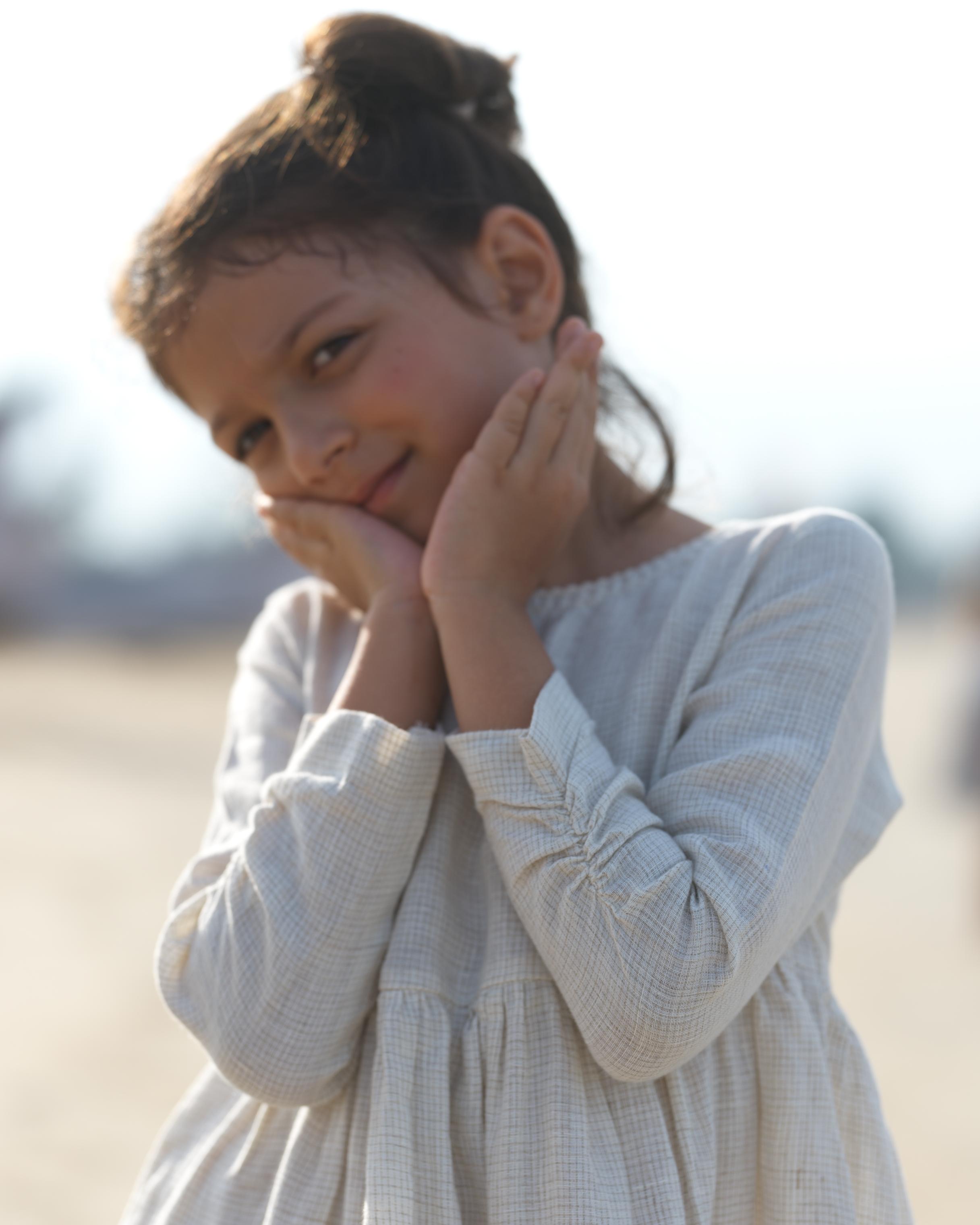 Girl Elastic Long Sleeve Dress Ivory Check