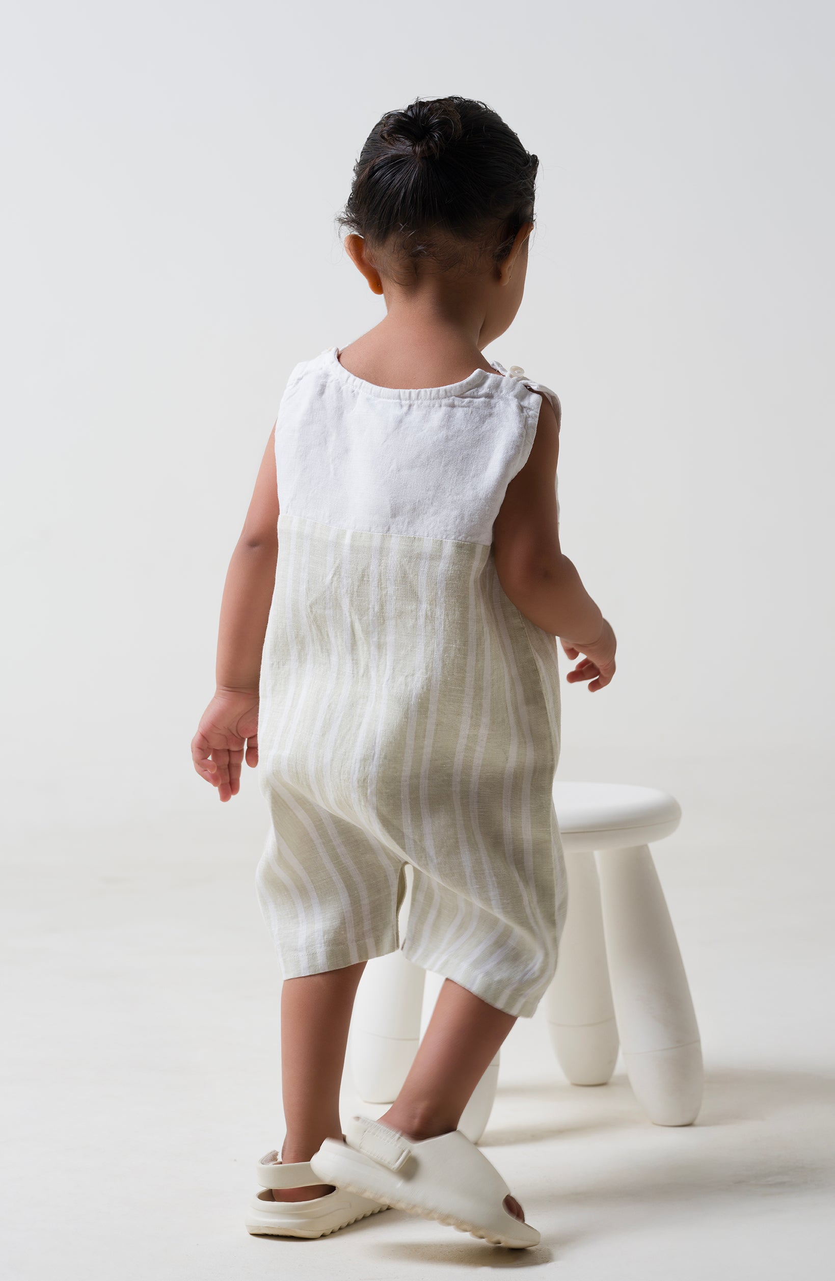 2 Colour Romper - Beige Double Stripe - Yoke & Pocket - White