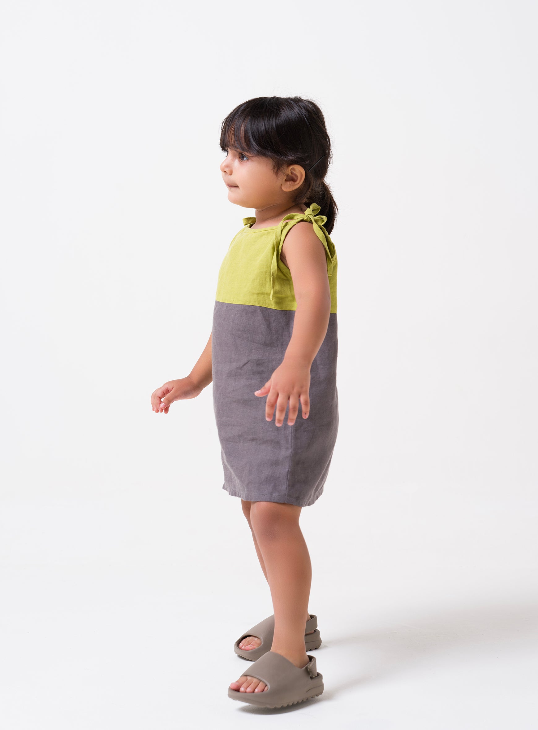 2 Colours Tie-up Frock Yoke - Kiwi Green Frock - Stone Grey