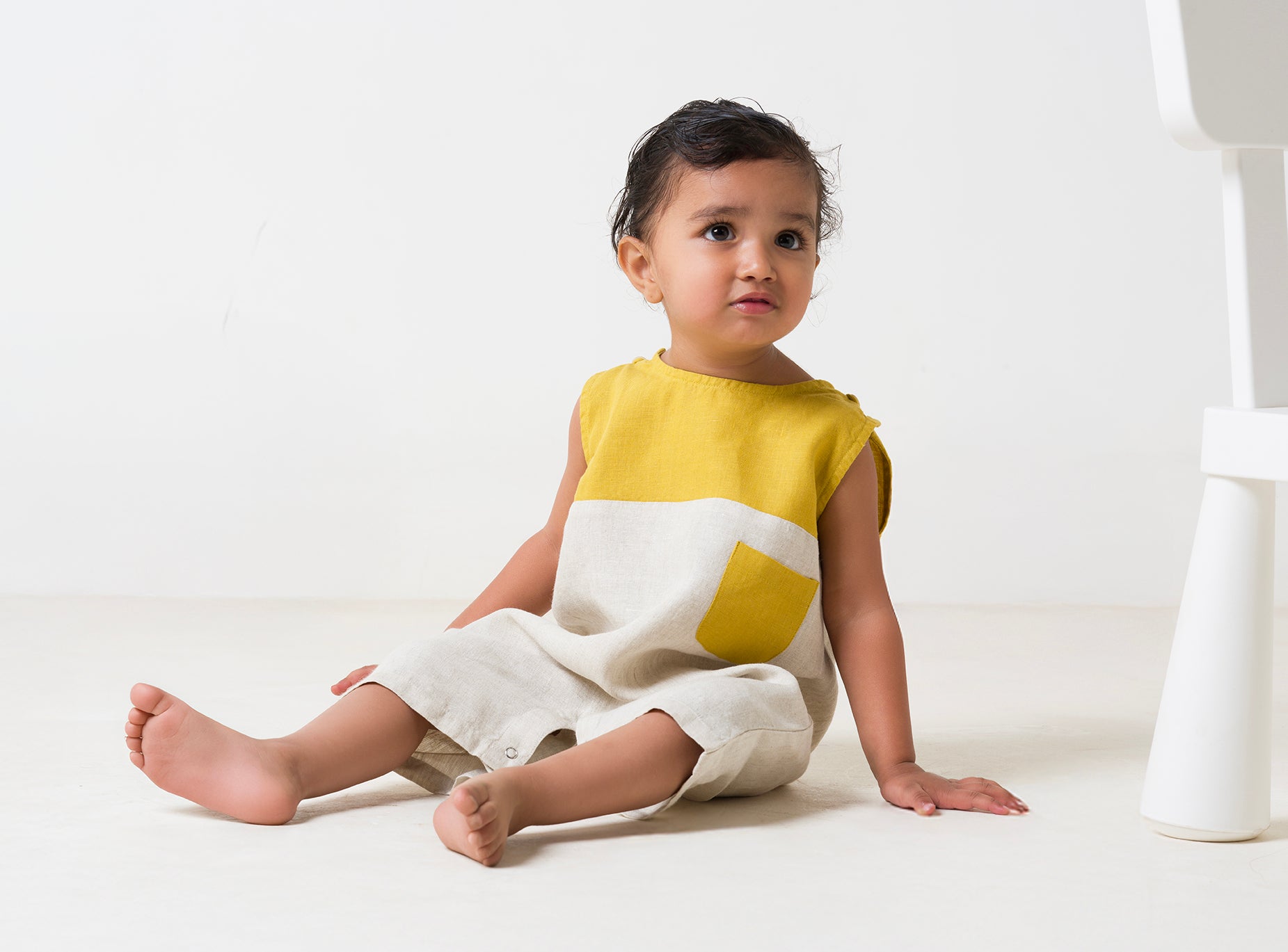 2 Colour Romper - Cookie & Cream - Yoke & Pocket - Mustard Yellow