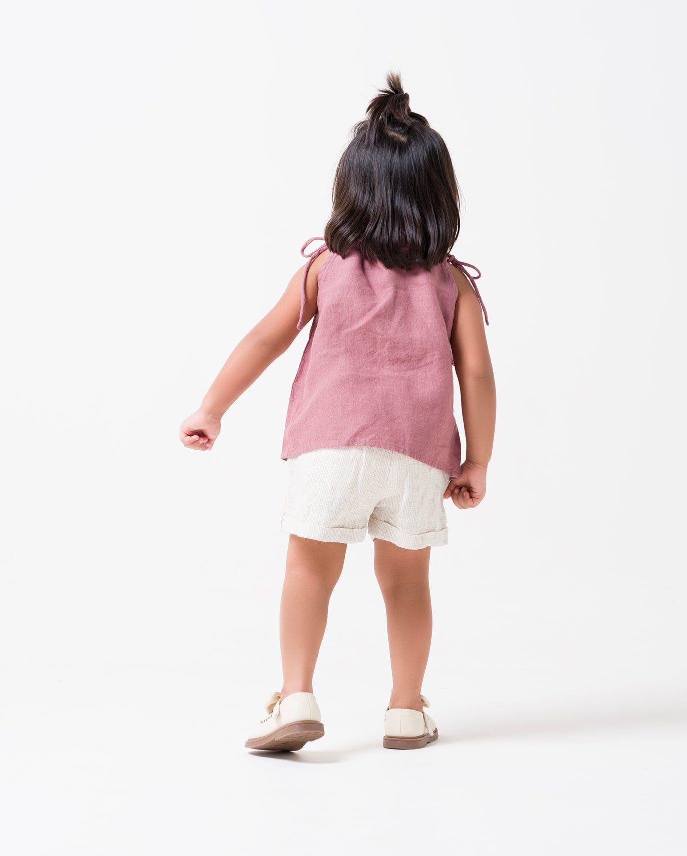 Linen tie strap pleated co-ords set T - Rose Gold - B - Ivory Checks