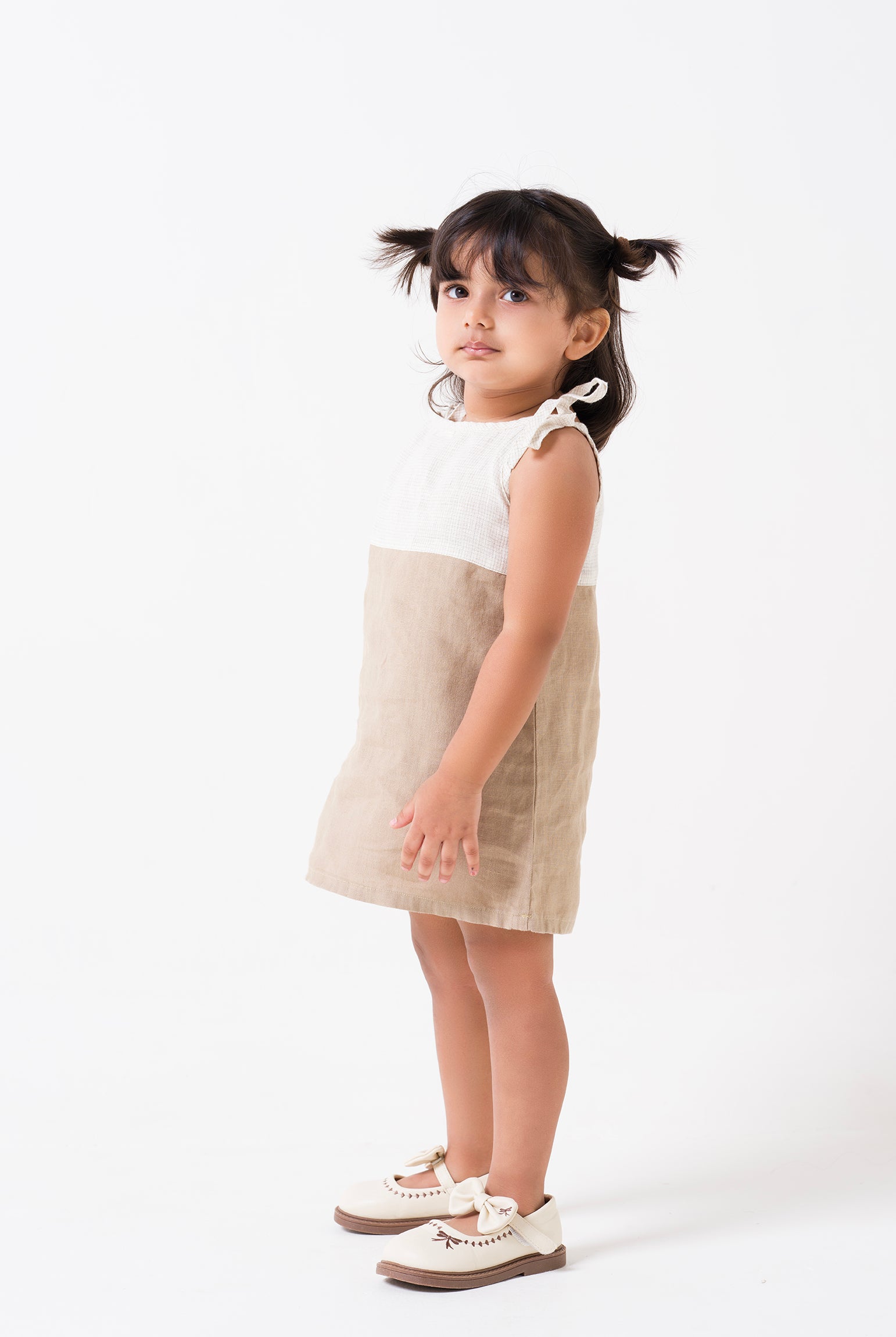 2 Colours Tie-up Yoke - Ivory Checks - Frock - Desert Sand