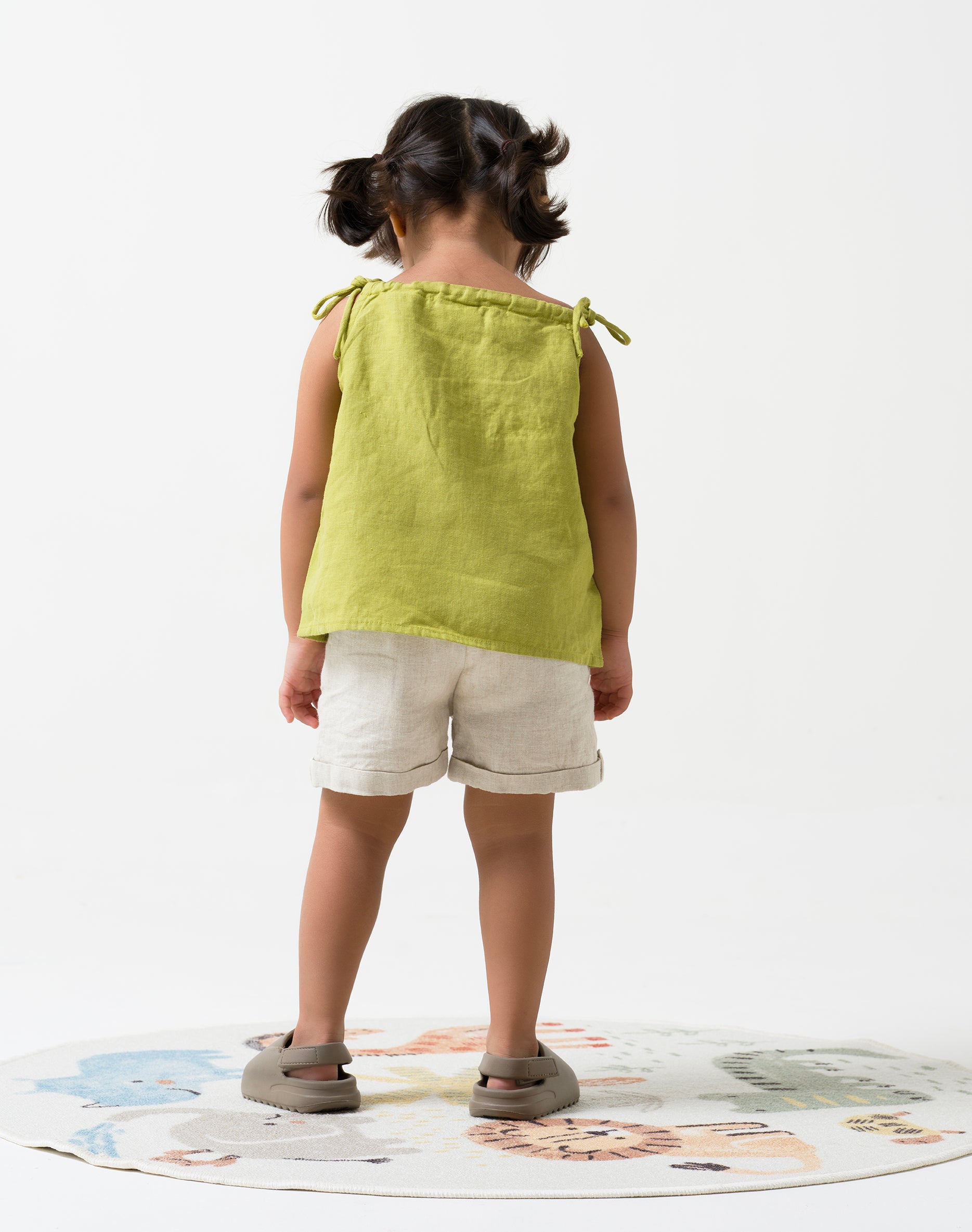 Linen tie strap pleated co-ords set T - Kiwi Green - B - Cookie & Cream