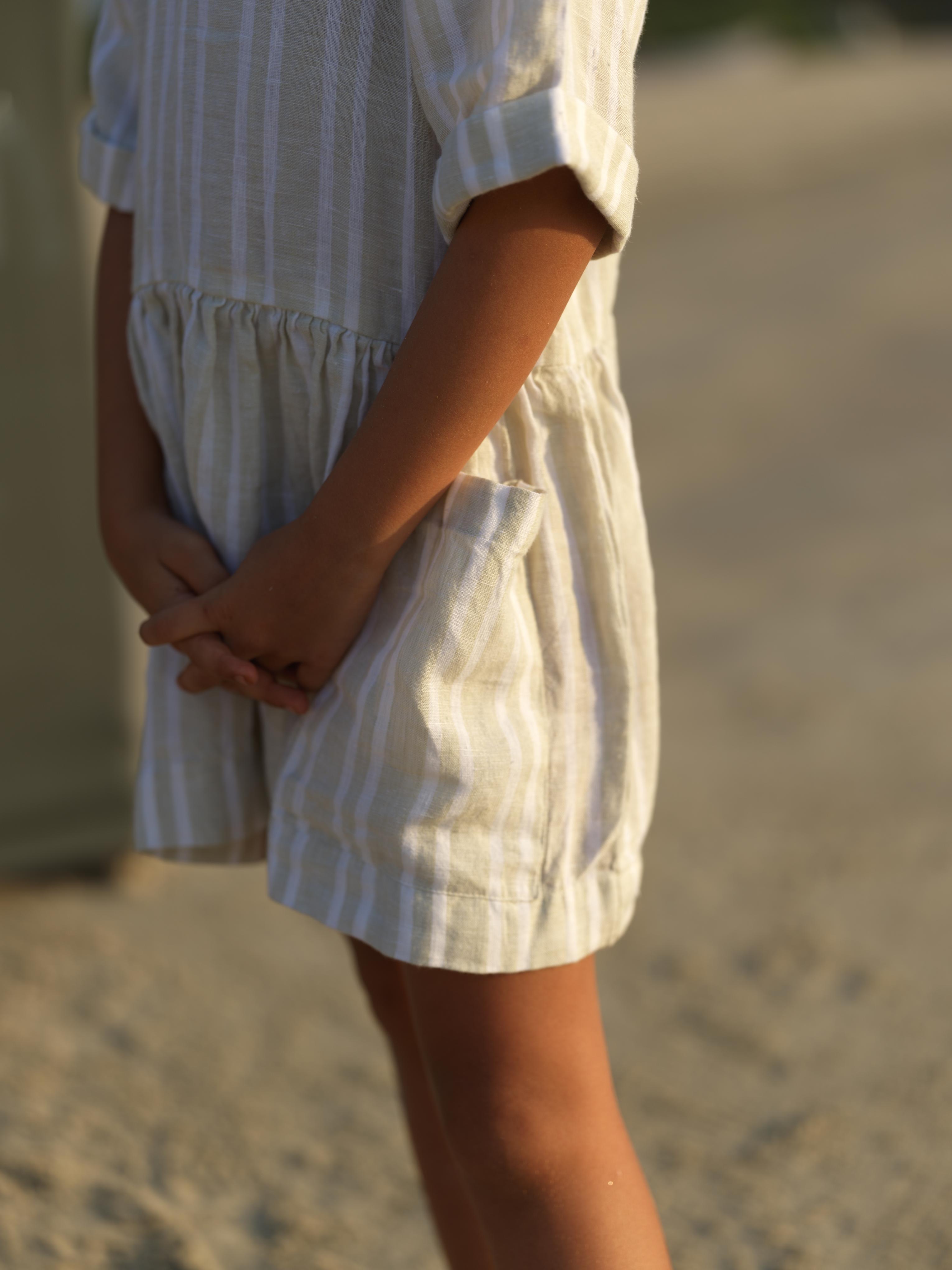 Girl Patch Pocket Drop Shoulder Dress Beige Double Stripe