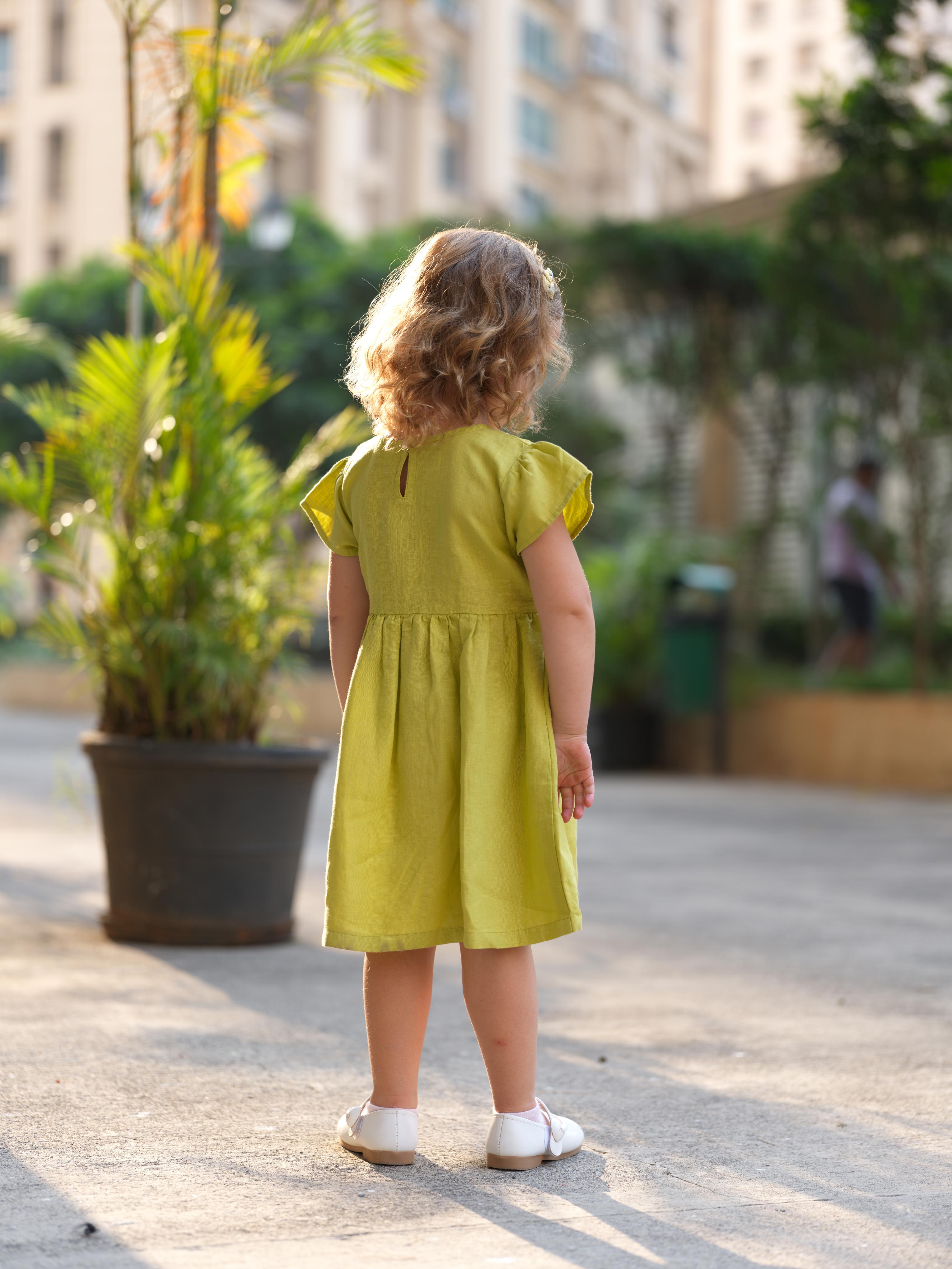 Girl Flared Sleeve Lace Detail Dress Lime