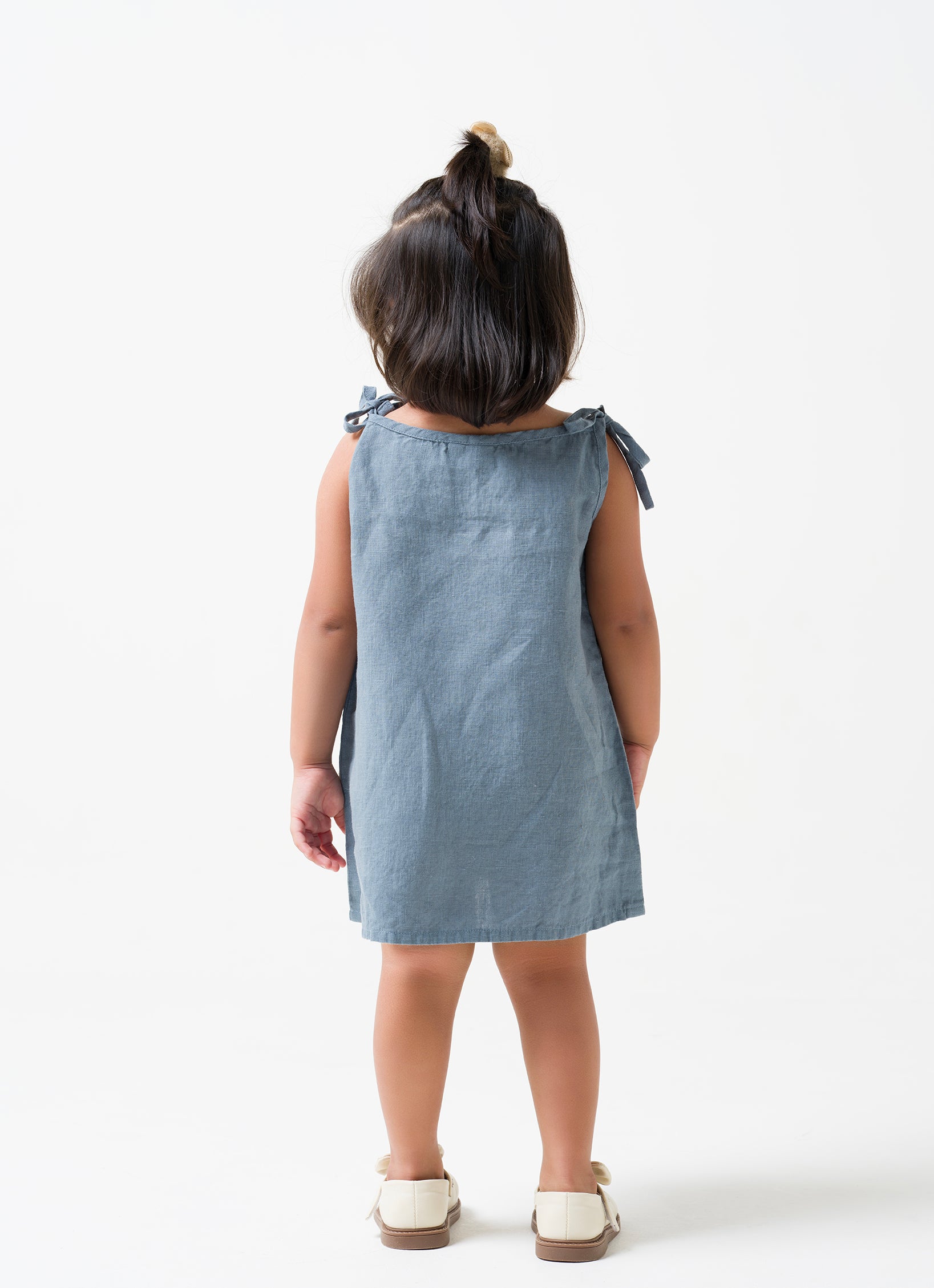 Air Force Blue Tie-Up Shoulder Flower Frock