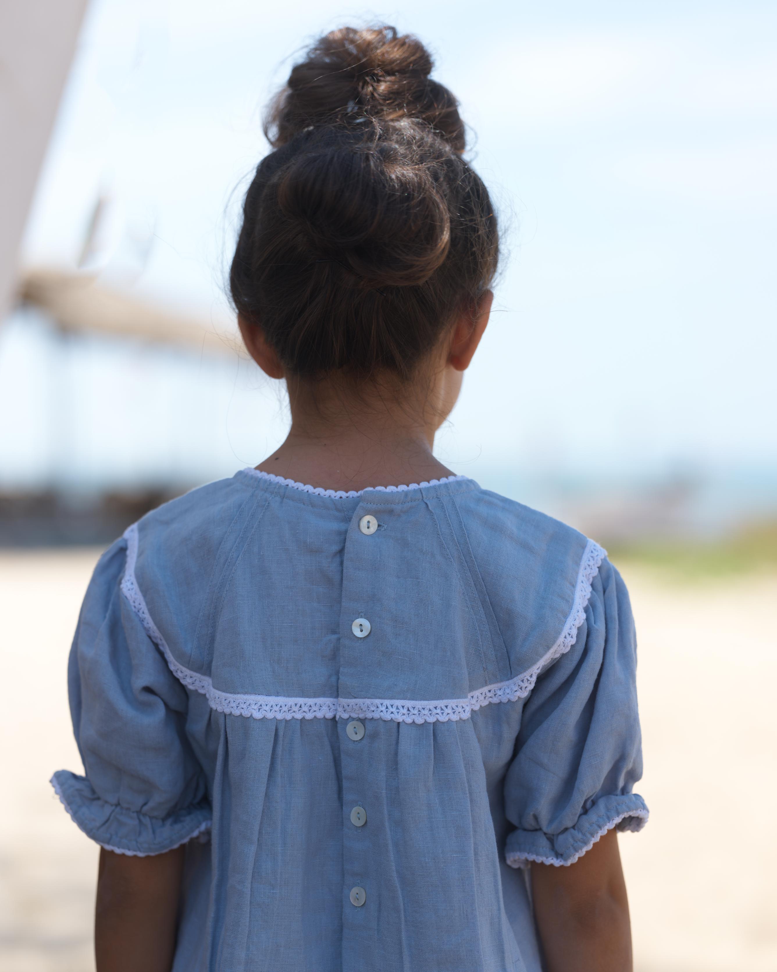 Girls Puff Sleeve Vintage Dress Pacific Blue