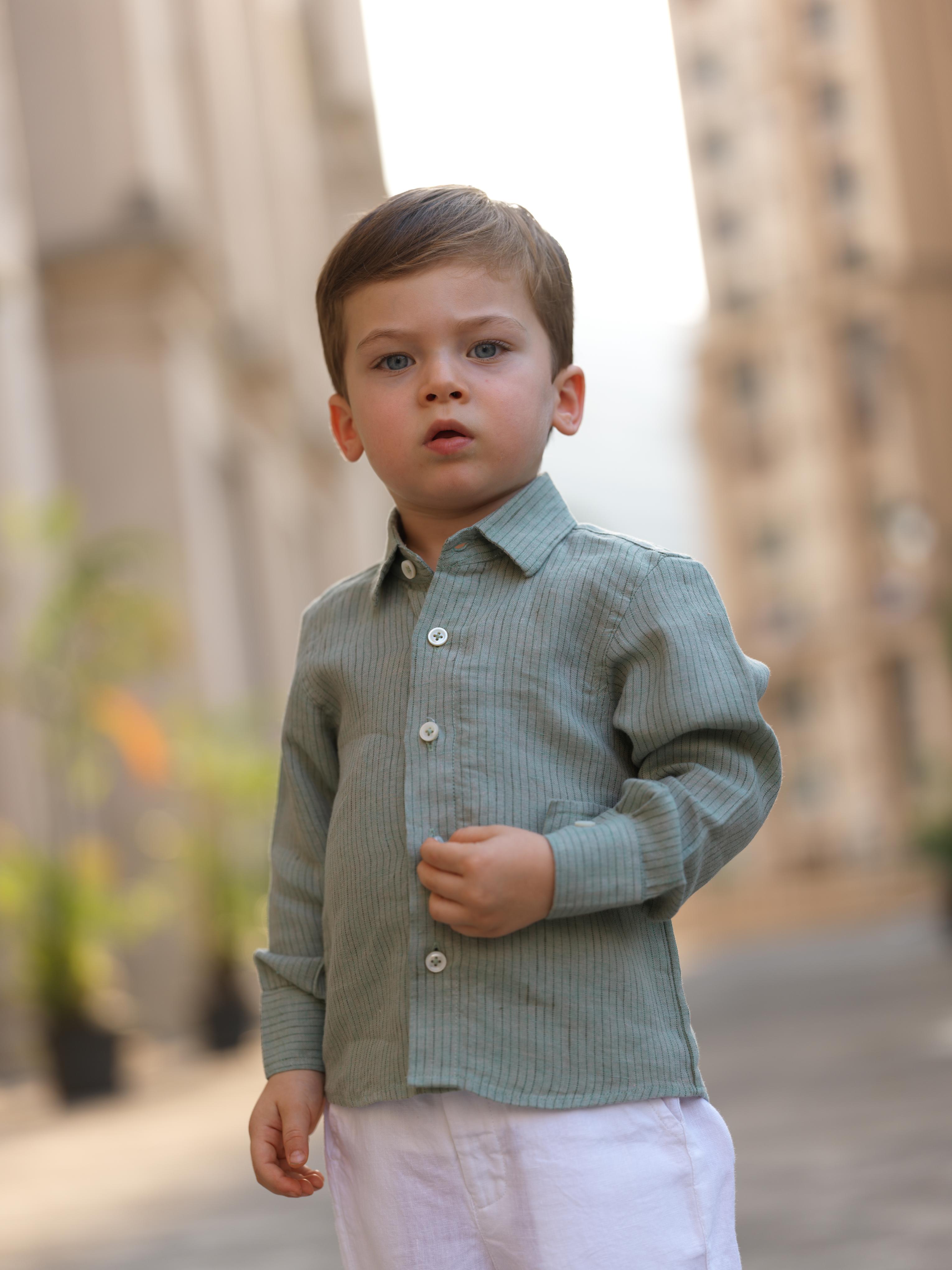 Boys Regular Collar Shirt Sage Hairline