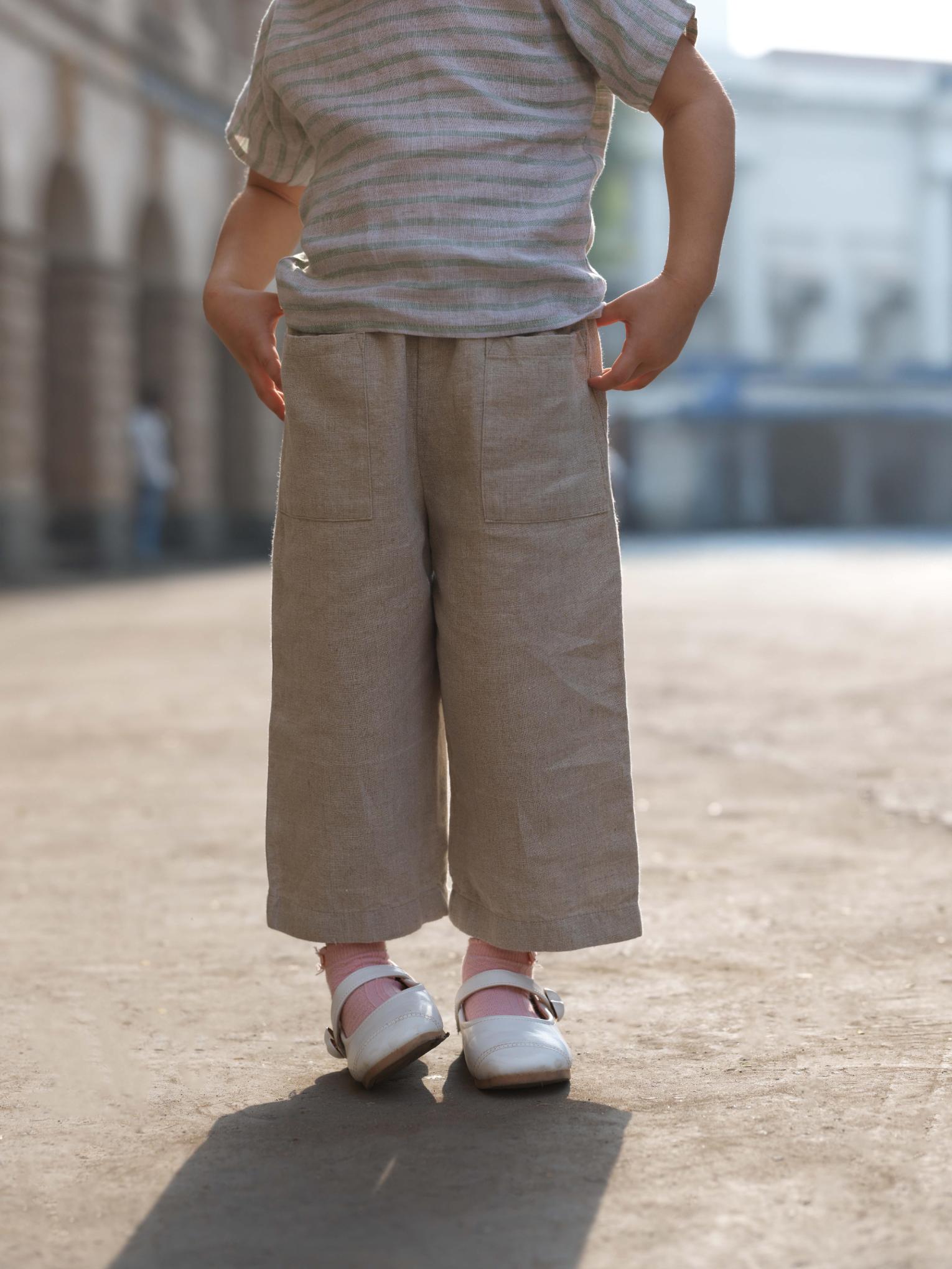 Girls Round Shoulder Top & Patch pocket Trousers Co-Ord set Sage Pencil Stripe / Natural swaps