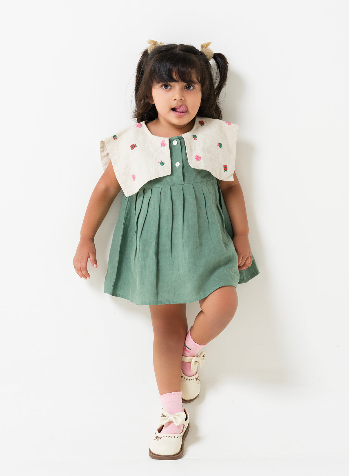 Hand-Embroidered Flap Collar Dress