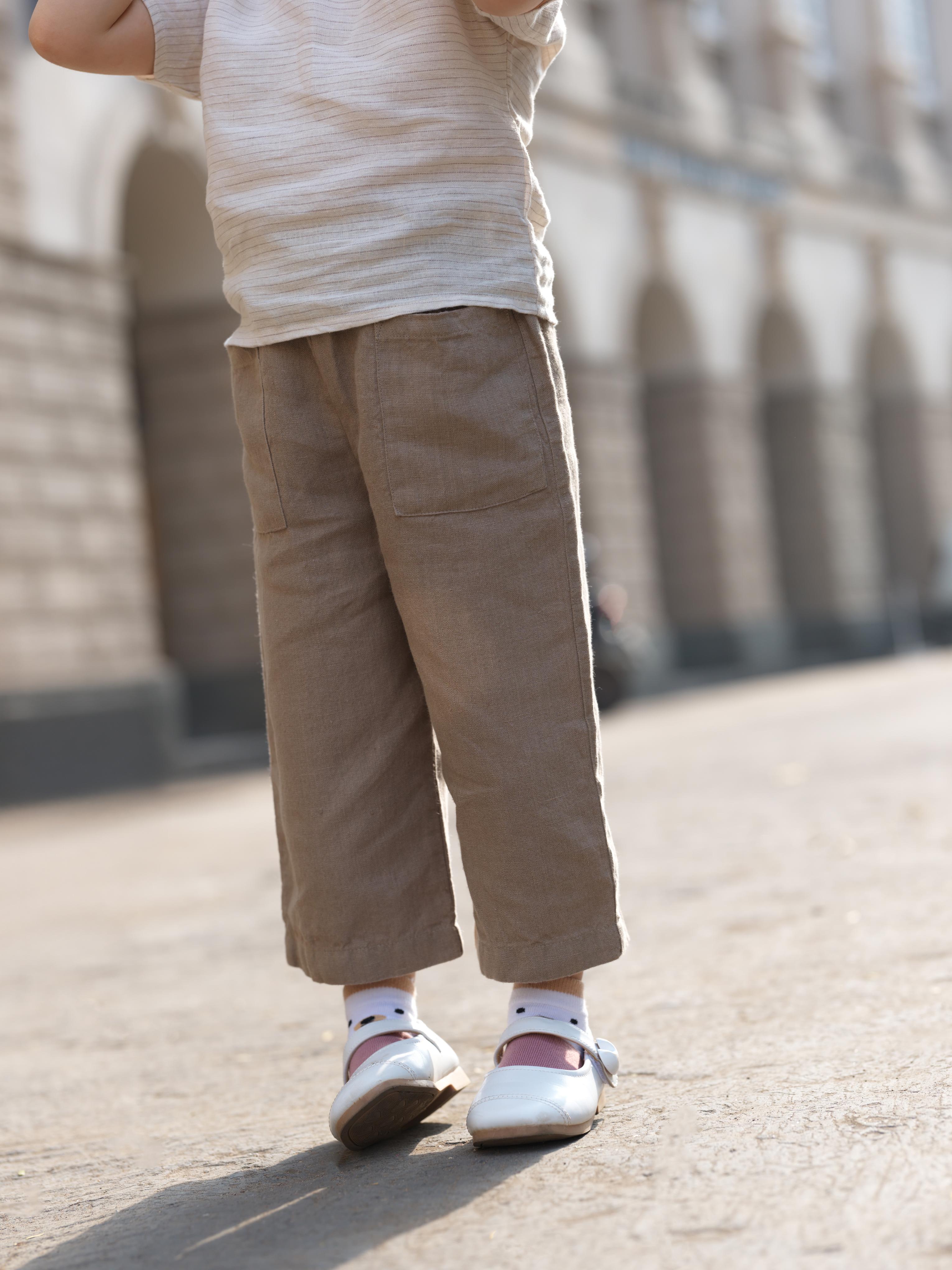Girls Round Shoulder Top & Patch pocket Trousers Co-Ord set Beige Lines / Vintage Khaki